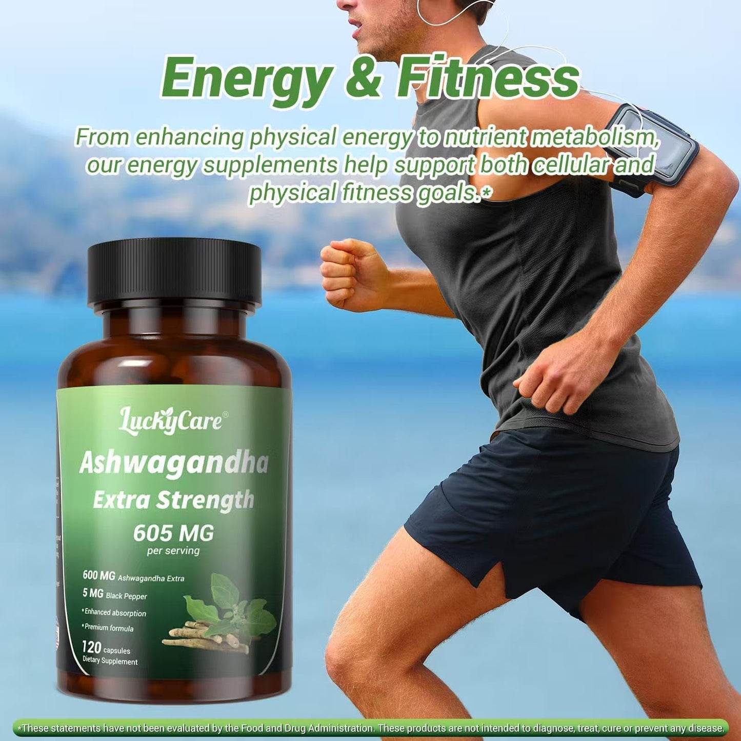 Luckycare Ashwagandha 600mg Extra Strength Root Extract with Black Pepper Capsule, 1 Count