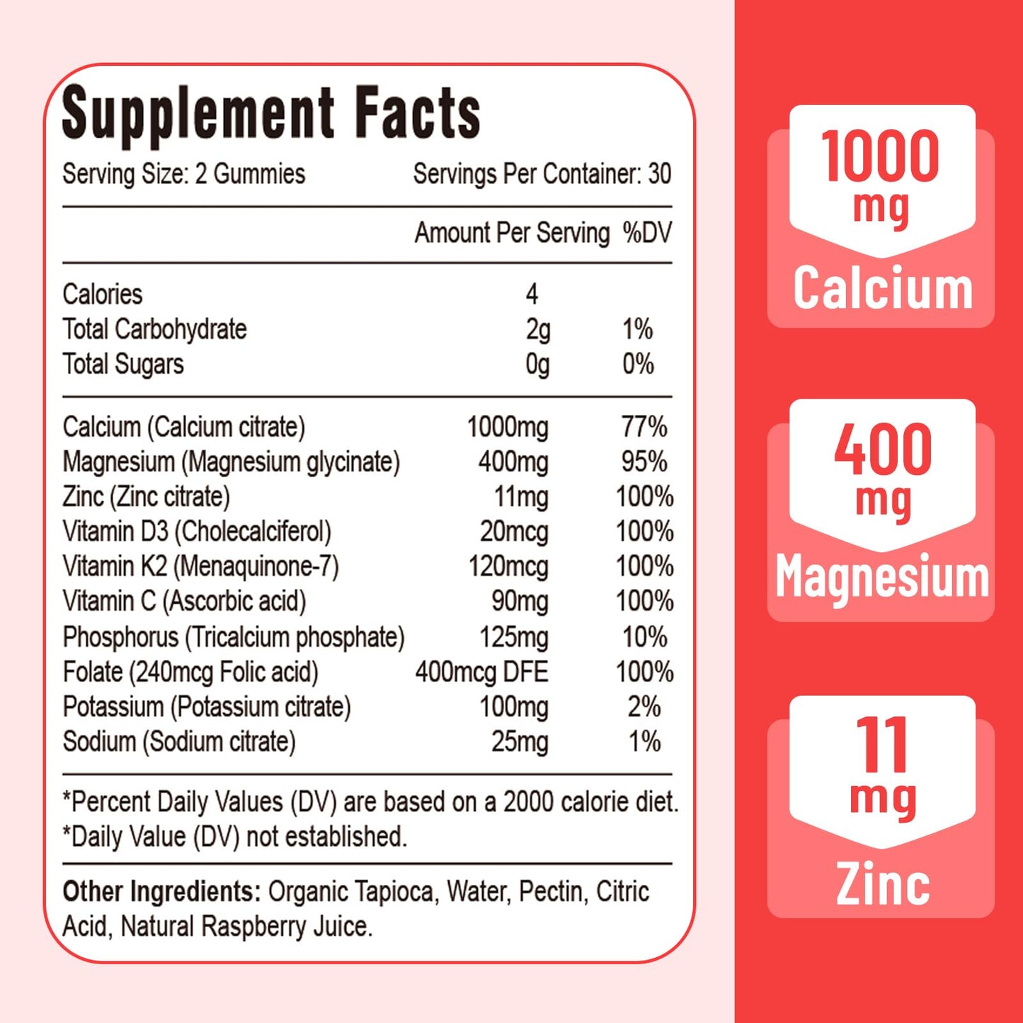 Vazatisi Calcium Magnesium Zinc Gummies with Vitamin D3 & K2, High Absorption Magnesium Glycinate, Potassium, Raspberry Flavor, 120 Gummies