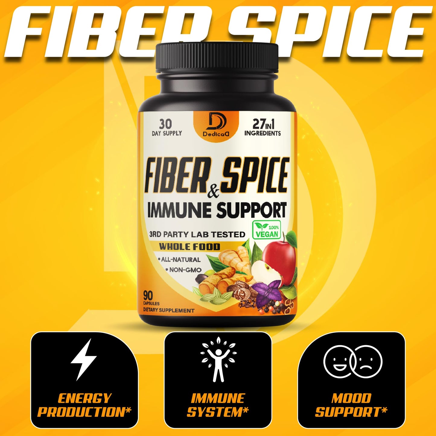 DEDICAD 27in1 Fiber and Spice Supplement - Combined with Organic Psyllium, Whole Apple, Elderberry & More - Support Mood, Body & Immunity 90 Capsules