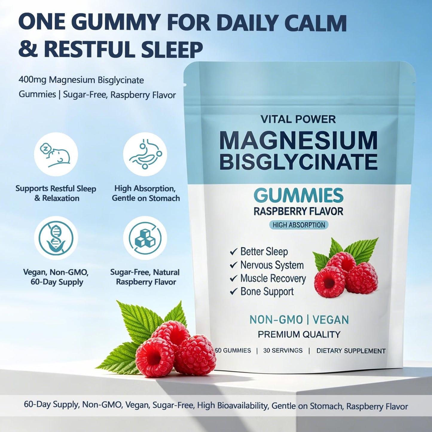 VITAL POWER Magnesium Bisglycinate Gummies, 60 Gummies
