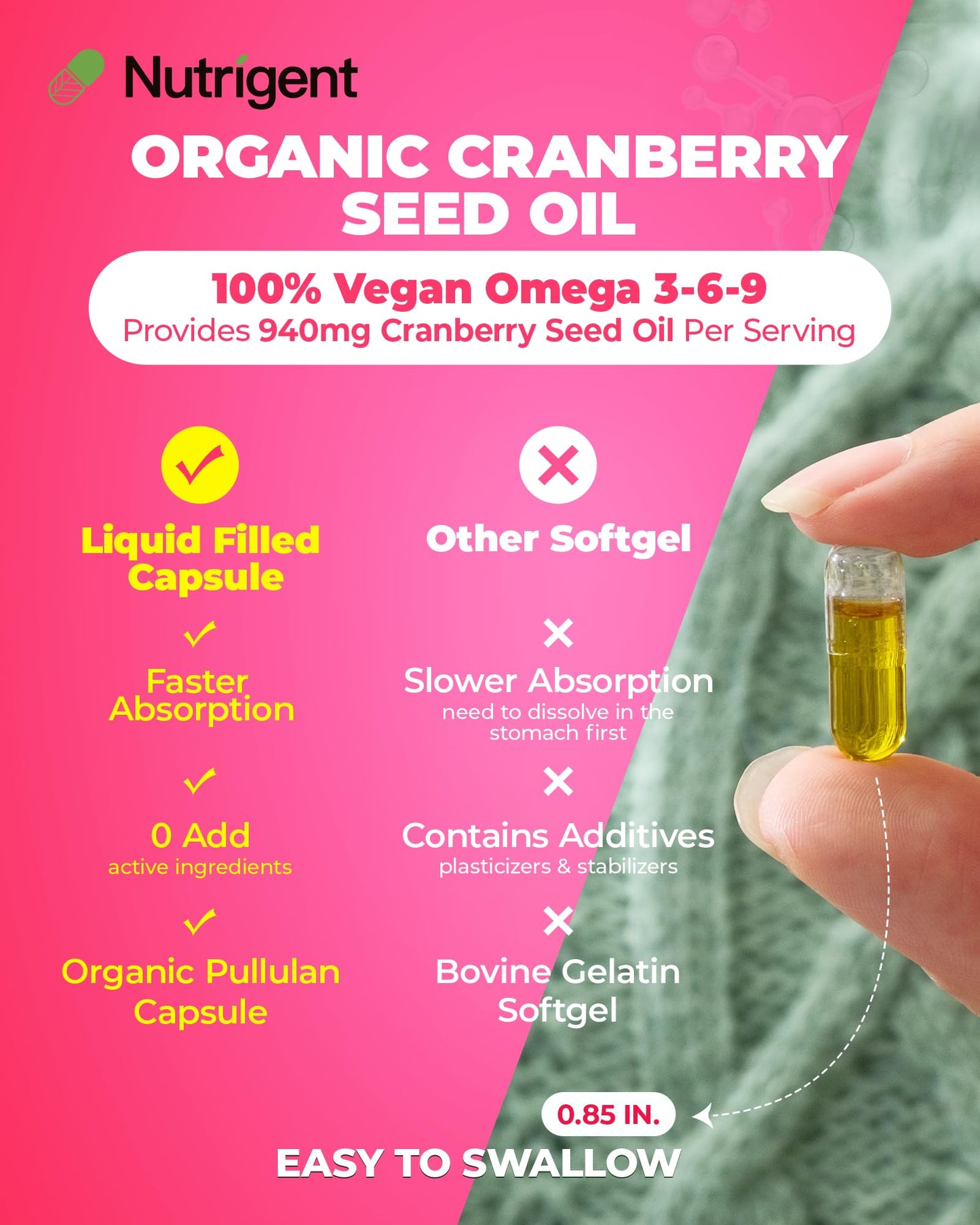 Nutrigent Cranberry Seed Oil 940 mg, Plant Sourced Omega 3-6-9 Fatty Acids, Liquid Organic Capsules, Urinary Health & Skin Health Support, 60 Capsules