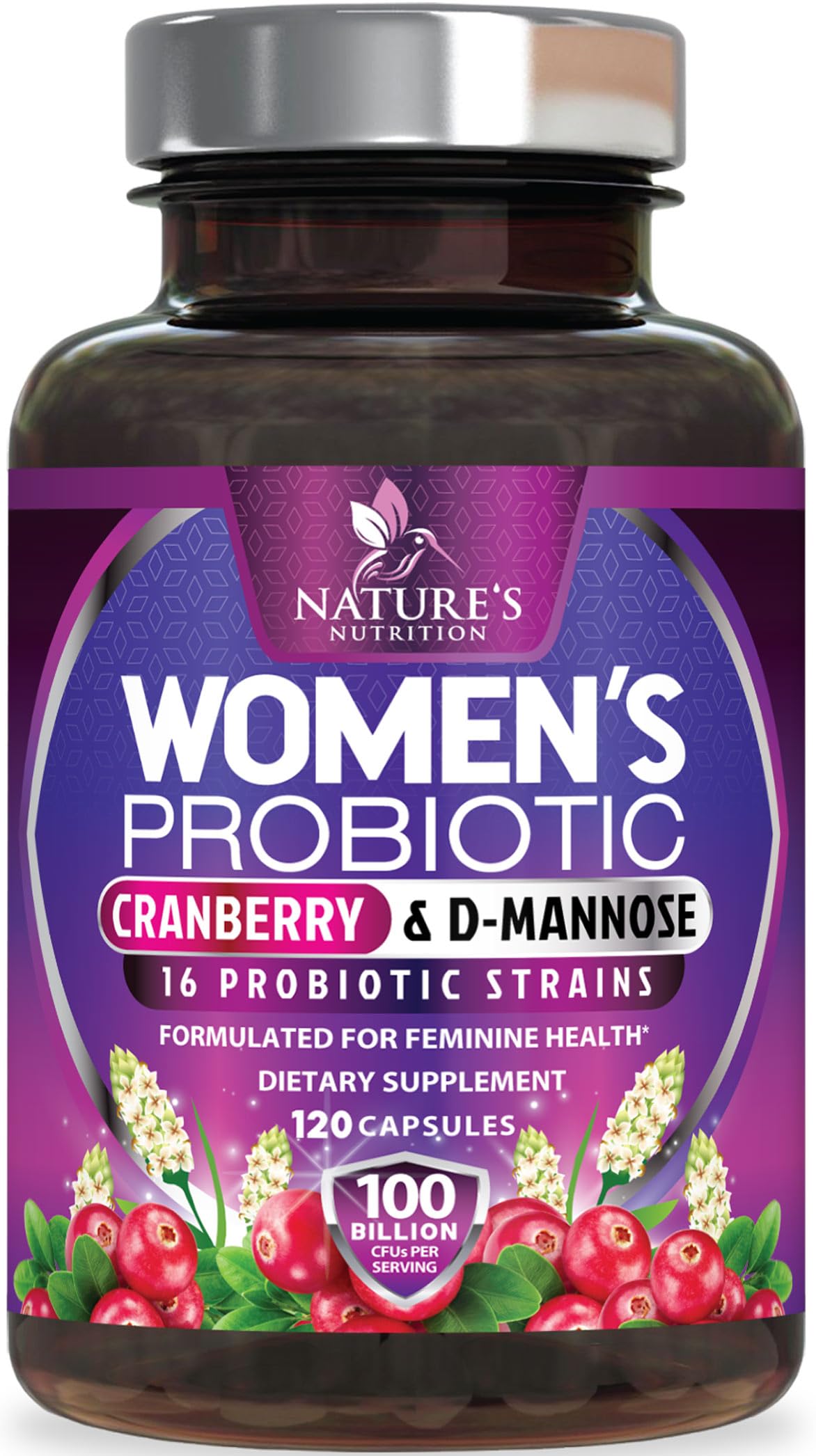 Nature's Nutrition Probiotics for Women 100 Billion CFU Per Serving, 16 Strains, Prebiotics Cranberry & Lactobacillus, pH Balance, Digestive & Gut Health, Vaginal & Immune Support, 120 Capsules