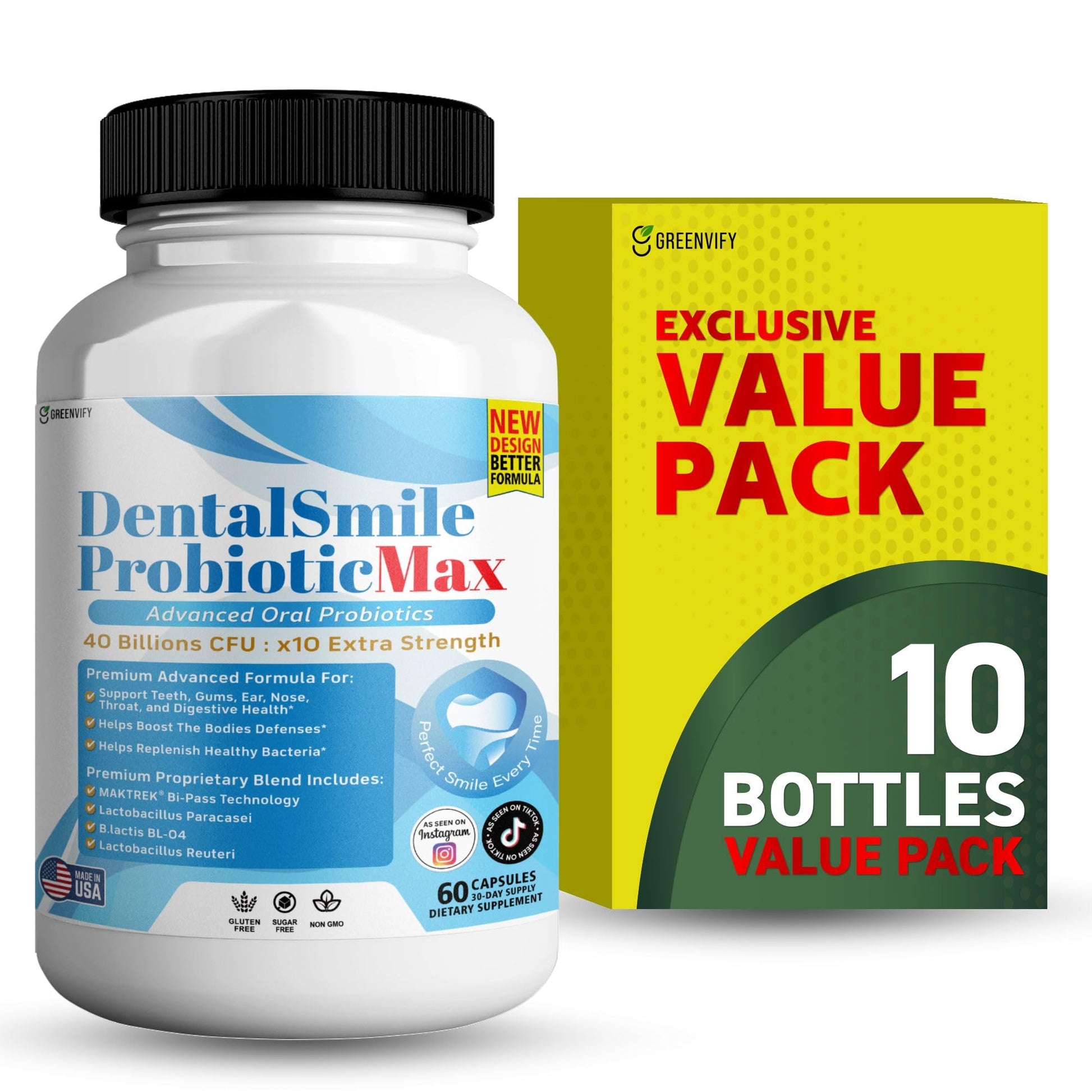 GREENVIFY DentalSmile ProbioticMax Advanced Oral Probiotic Supplement, 40 Billion CFU, Capsules, 600 Count