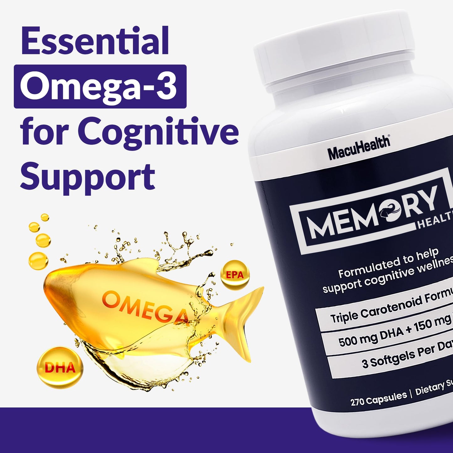 Macuhealth Memory Health Omega 3 - Carotenoids and Vitamin E, for Mental Focus Softgel 270