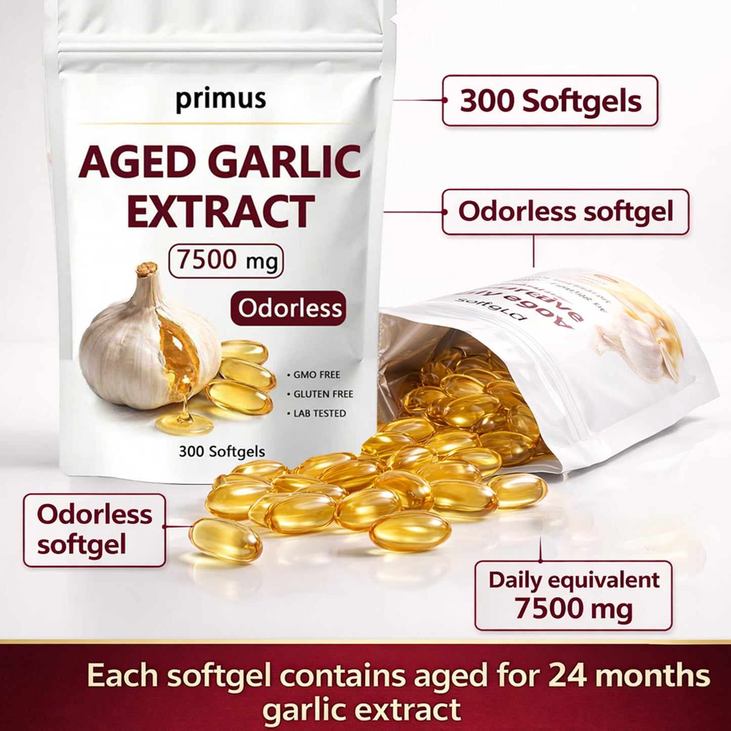Primus Aged Garlic Odorless Garlic Supplement Capsules, 300 Count