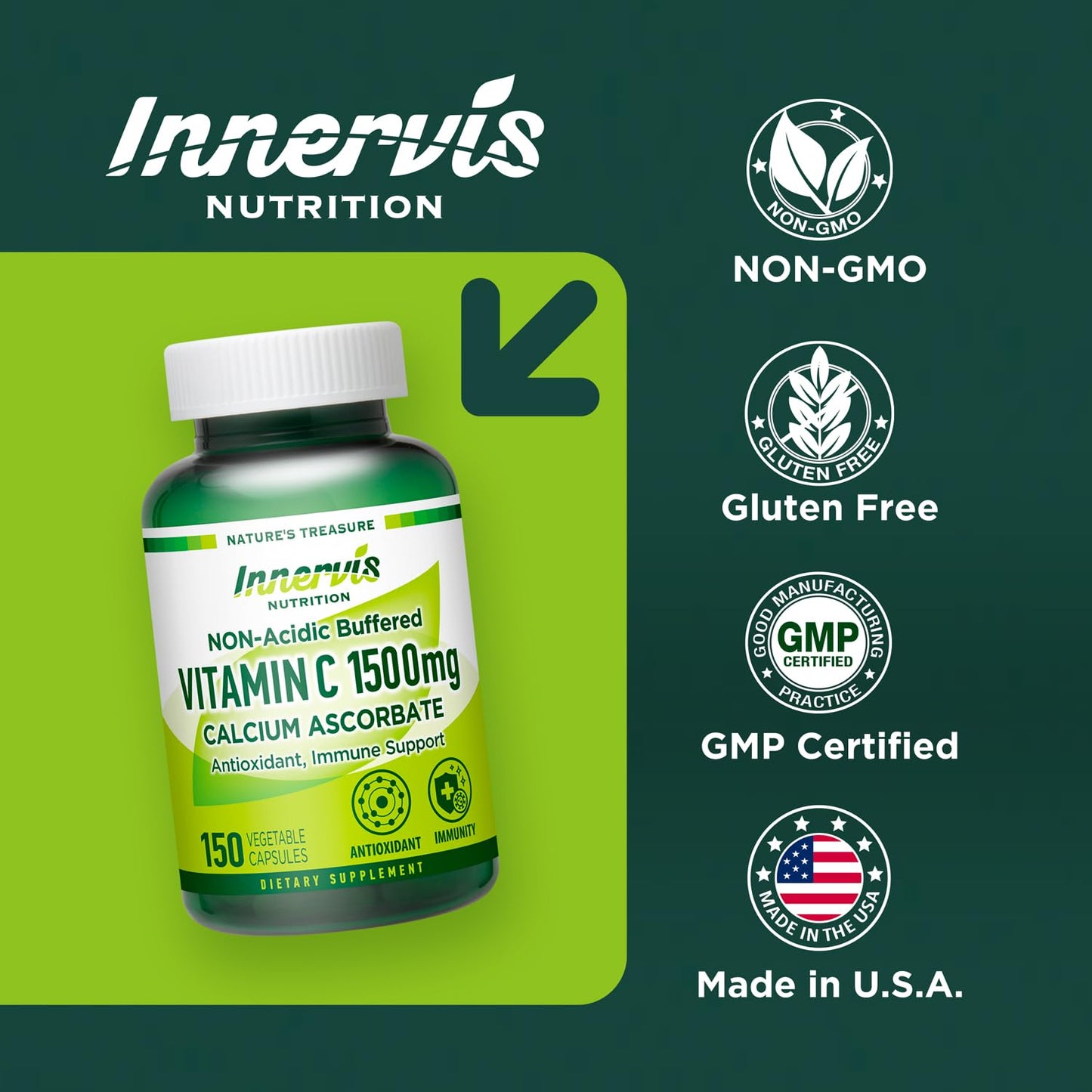 INNERVISNUTRITION Buffered Vitamin C 1500mg, Non-Acidic Stomach Friendly Calcium Ascorbate Capsules, 150 Veggie Caps