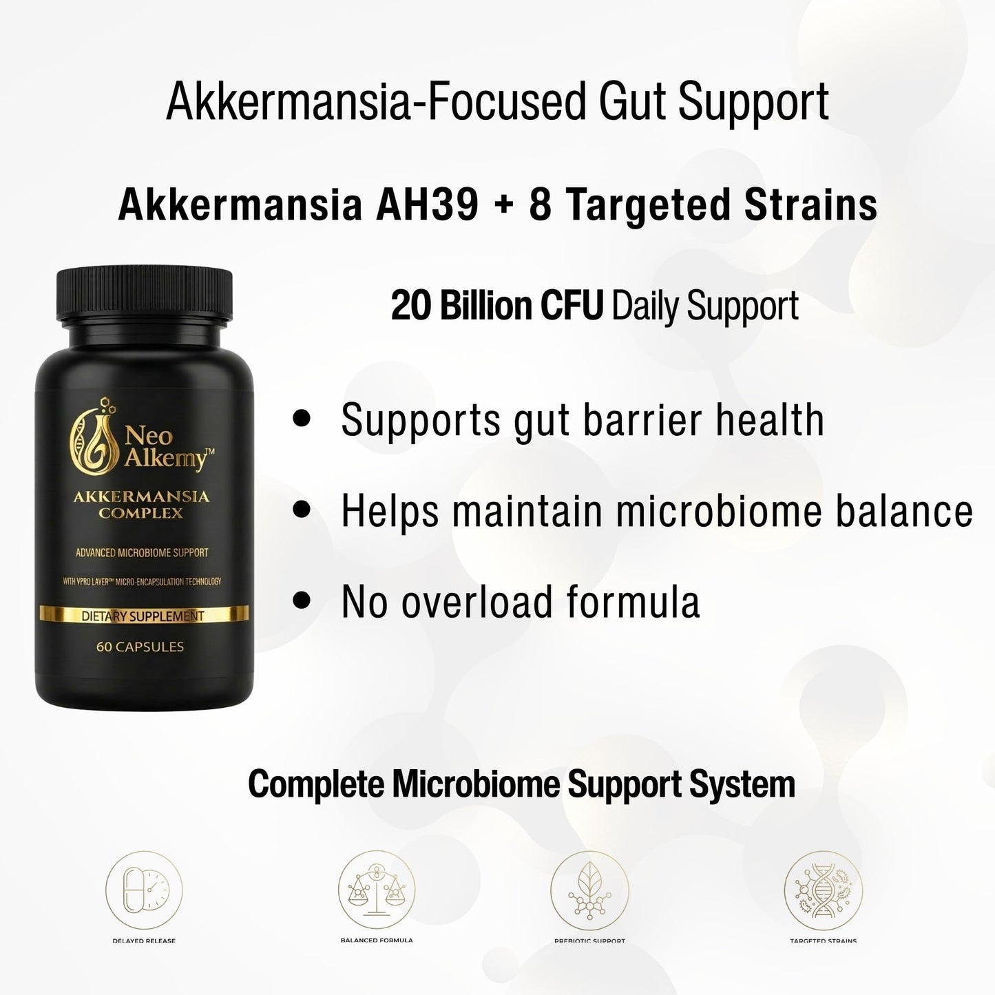 NeoAlkemy Akkermansia Probiotic Supplement, Akkermansia AH39 + 8 Targeted Strains, 20 Billion CFU with Prebiotics, Delayed-Release Capsules for Gut Barrier Support & Microbiome Balance, Vegan, 60 Capsules