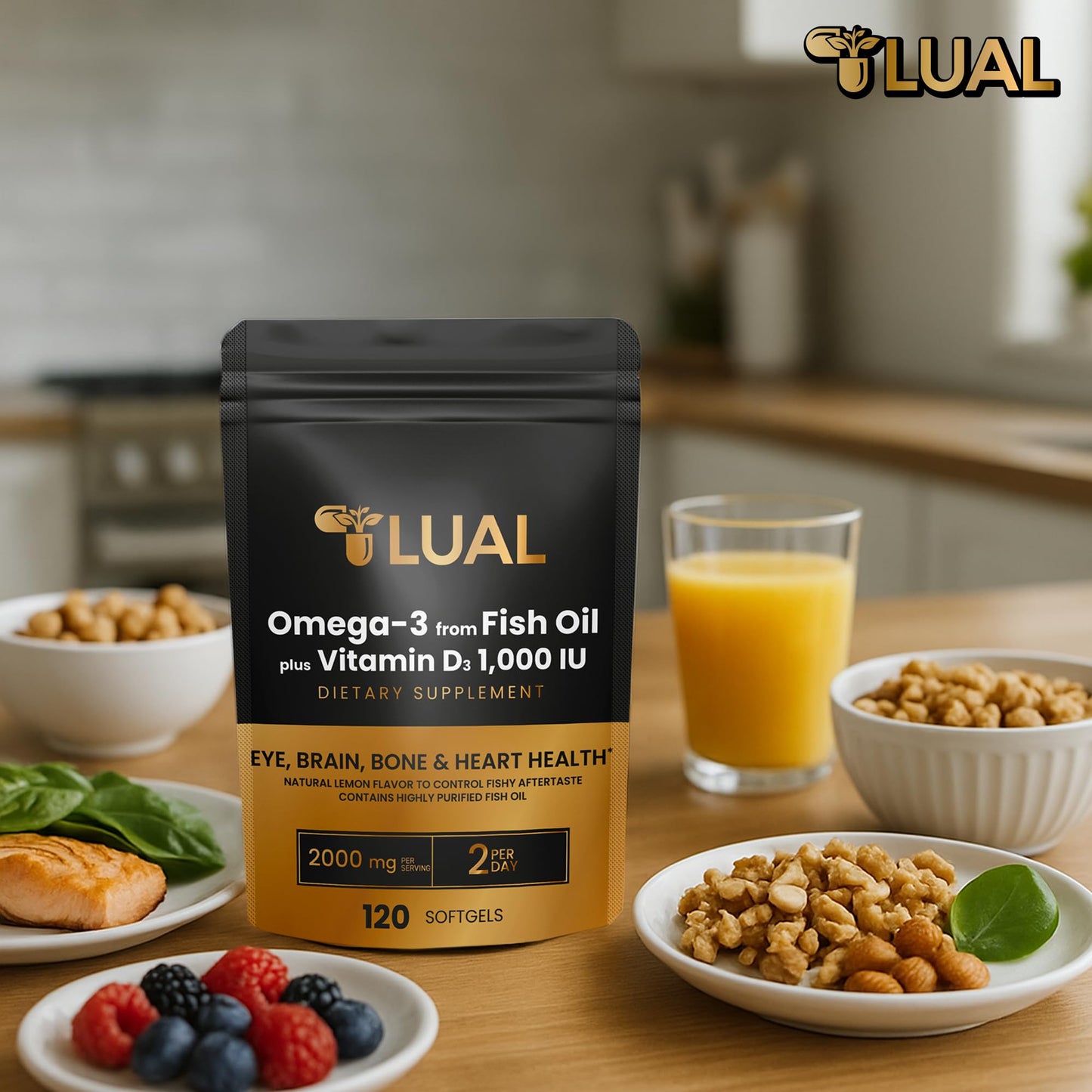 LUAL Omega-3 Fish Oil 2000mg with Vitamin D3 1,000 IU Softgels, 120 Count