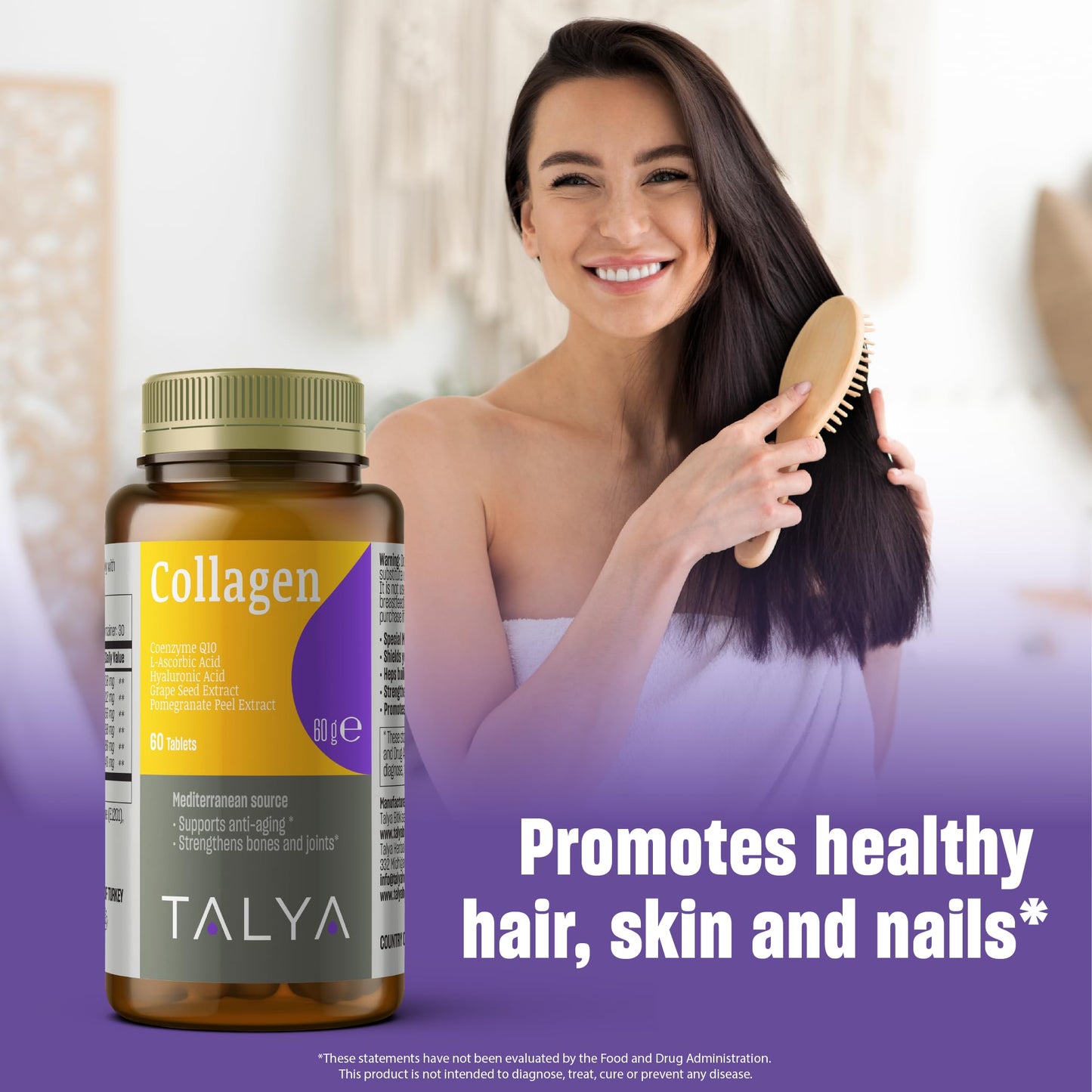 TALYA Collagen Pills with Hyaluronic Acid + Vitamin C Tablets, 60 Tablets