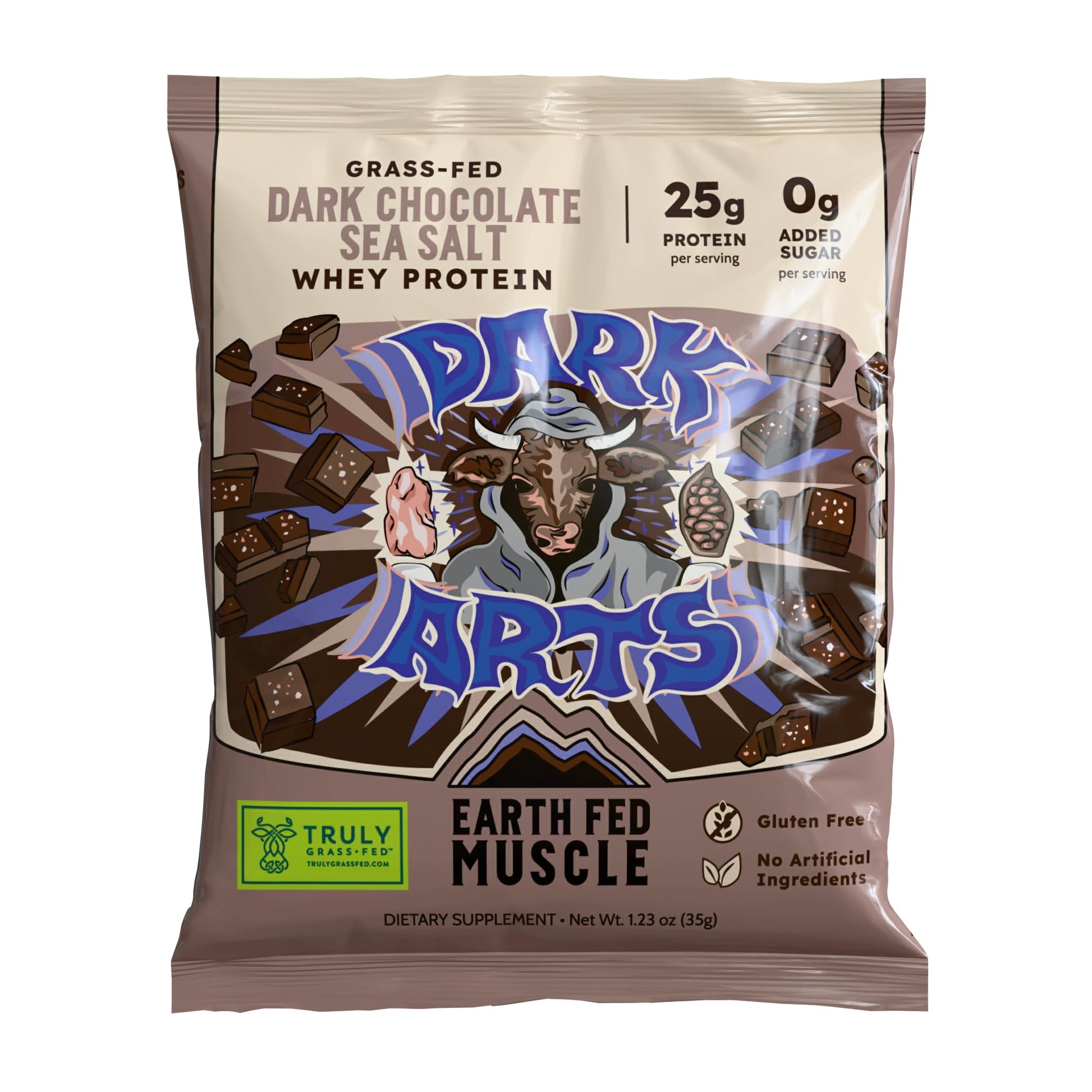 Earth Fed Muscle Dark Arts Salted Dark Chocolate Whey Single Serve 1.2 Ounce