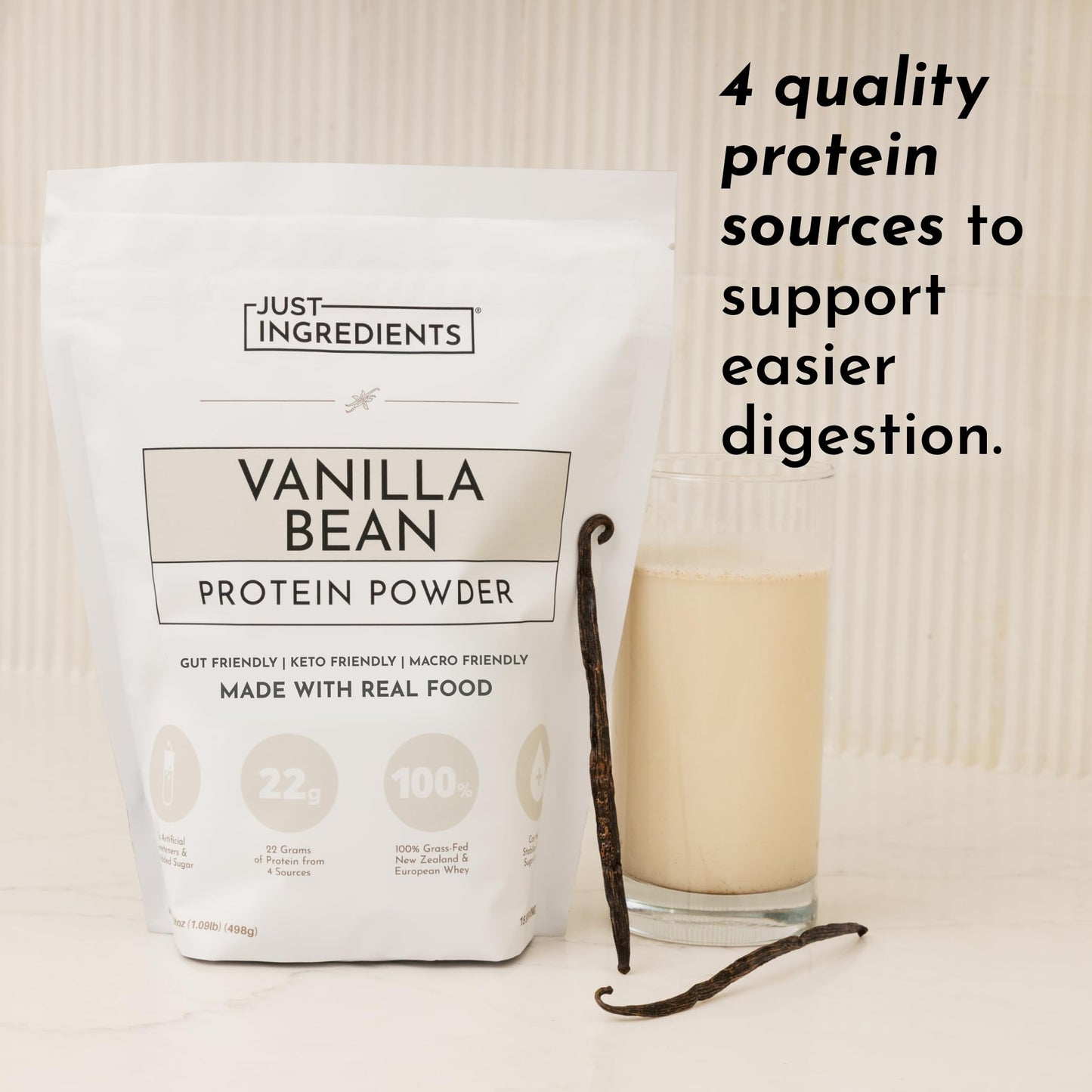 JUST INGREDIENTS Vanilla Protein Powder Grass-Fed Whey Blend, Organic, Gluten Free, Dairy Free, Soy Free, 15 Servings