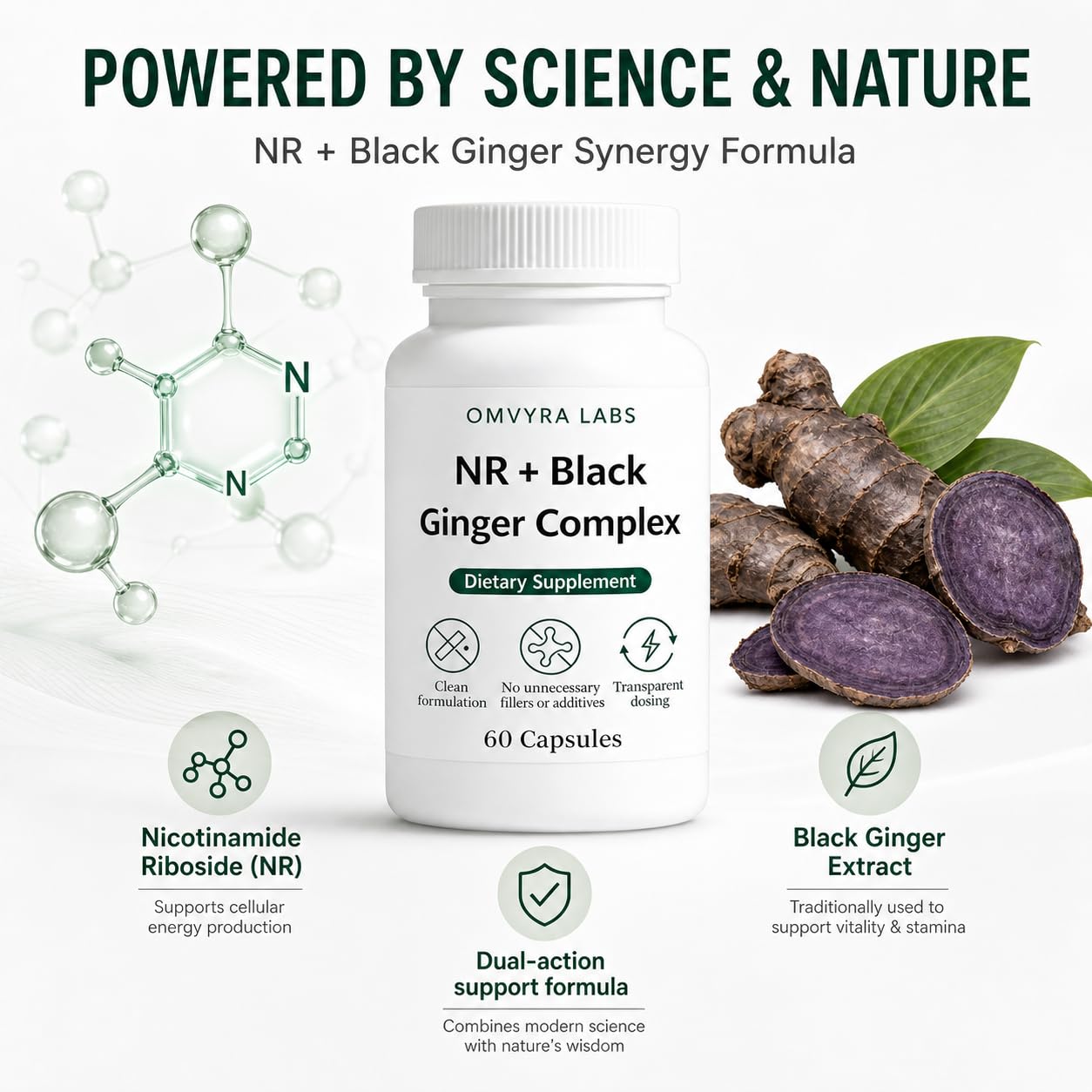 Omvyra Labs NR + Black Ginger Complex Capsule, 60 Count