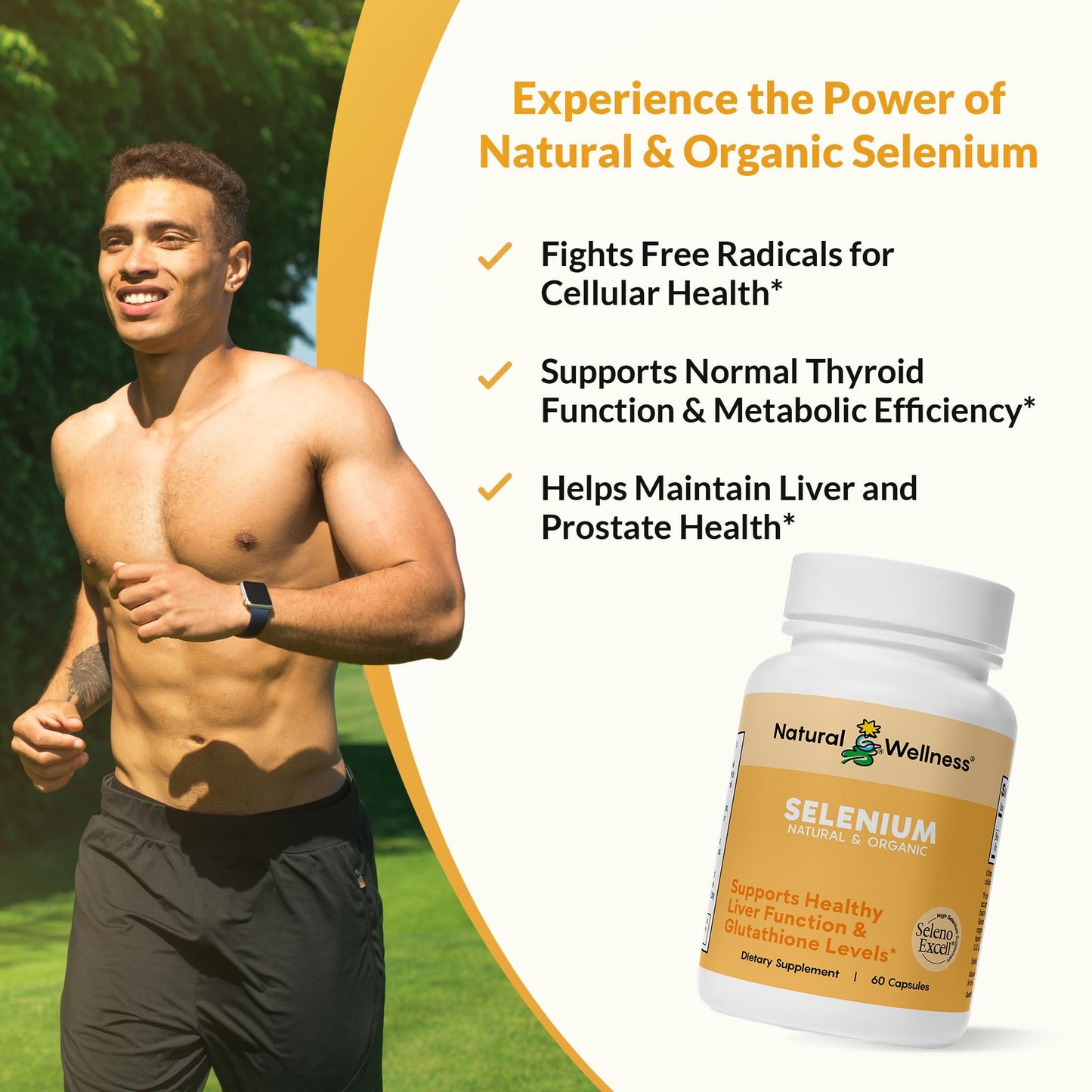 Natural Wellness Organic Selenium 200 mcg High Absorption SelenoExcell Selenium Supplement, 60 Capsules