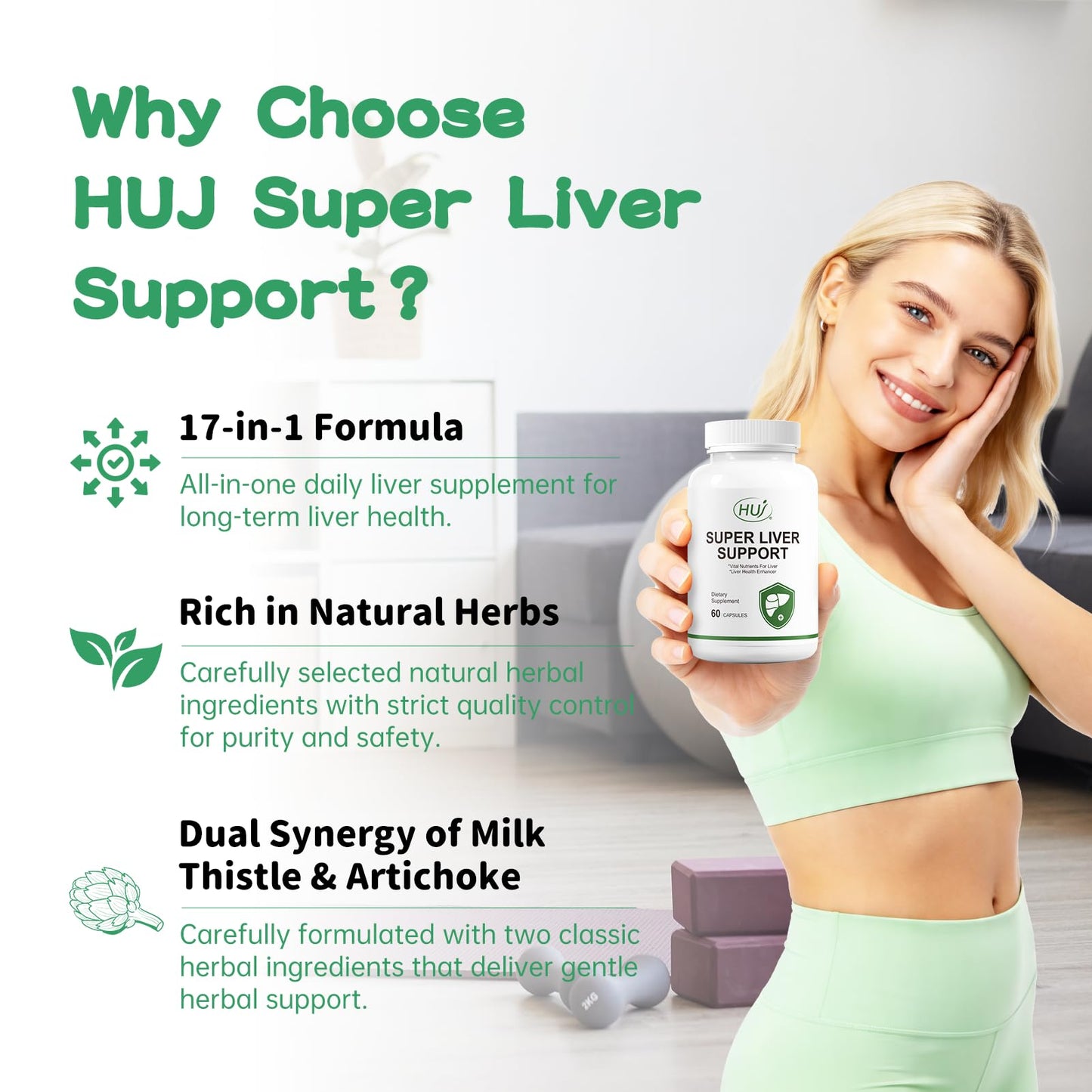 HUJ Super Liver Support -17 in 1 Supplement with Milk Thistle, Artichoke, Turmeric & Dandelion Root - Supports Liver Detoxification & Health, 60 Capsules