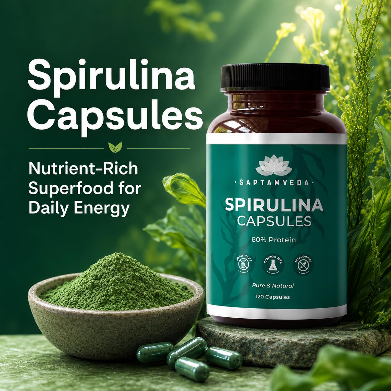 SAPTAMVEDA Saptamved Natural Spirulina 2000mg, 120 Capsules