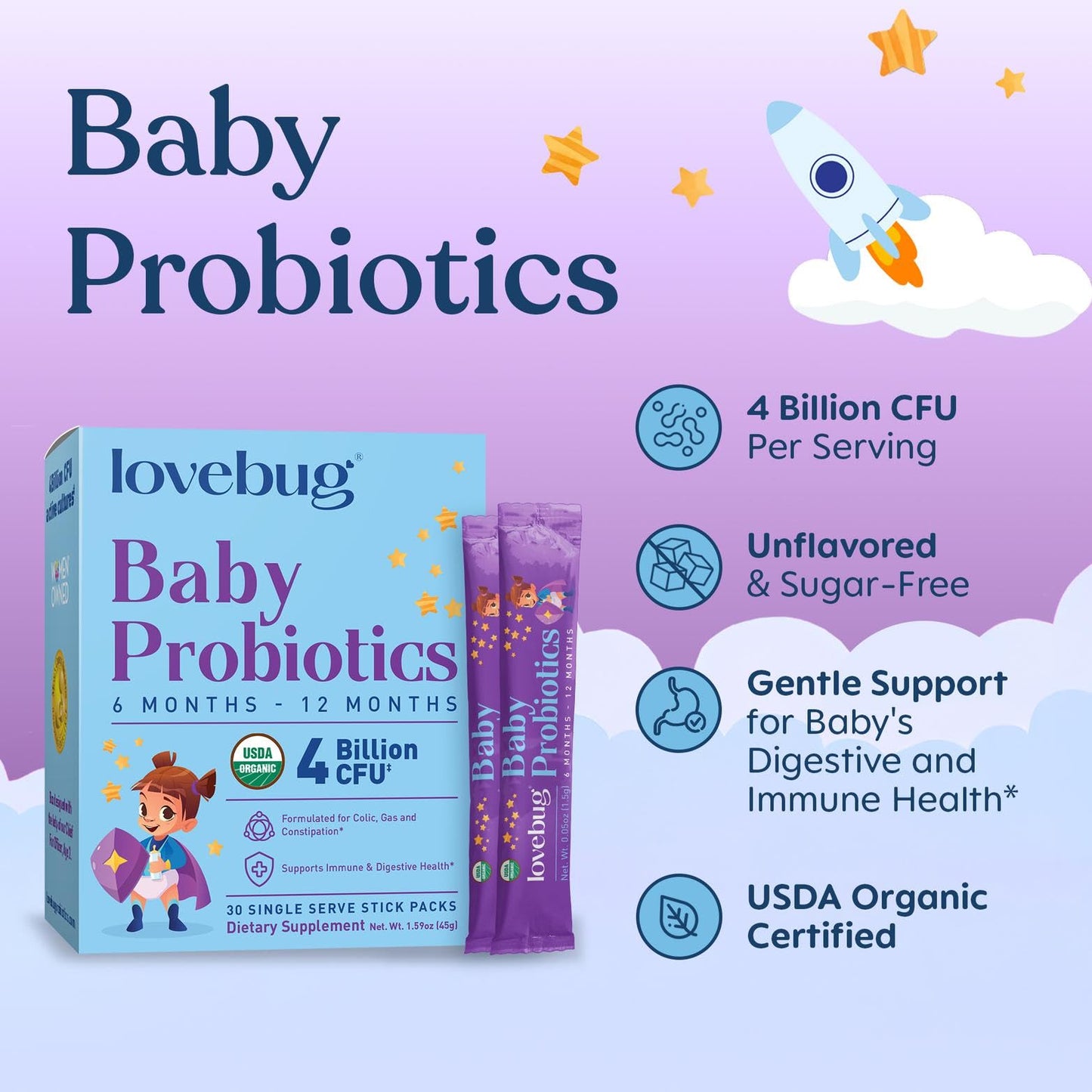 LOVEBUG Award Winning USDA Organic Probiotic for Babies Multi-Strain 4 Billion CFU Powder, 30 Packets
