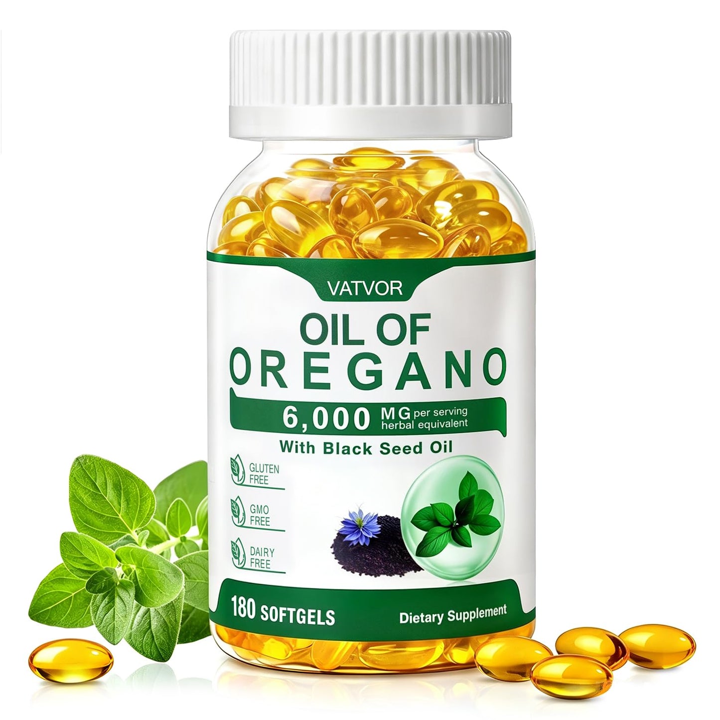 Vatvor Oil of Oregano with Black Seed Oil Softgels, 180 Count