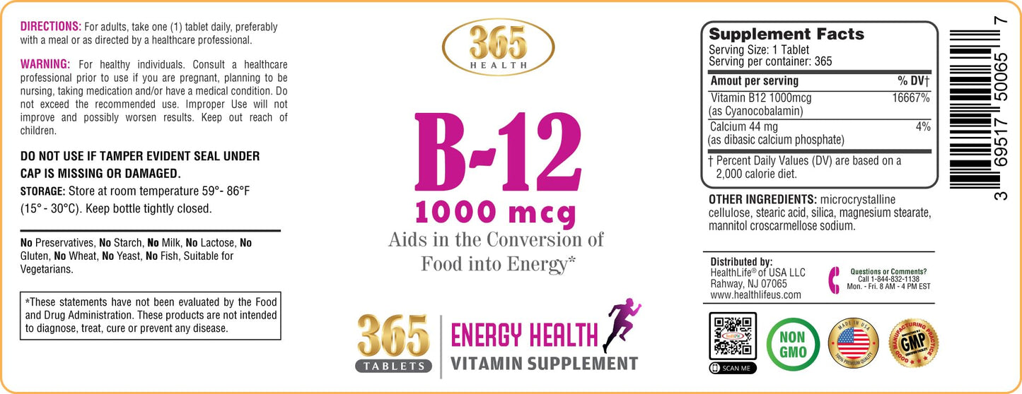 HEALTH LFE Vitamin B12 1000mcg Caplets, 730 Count