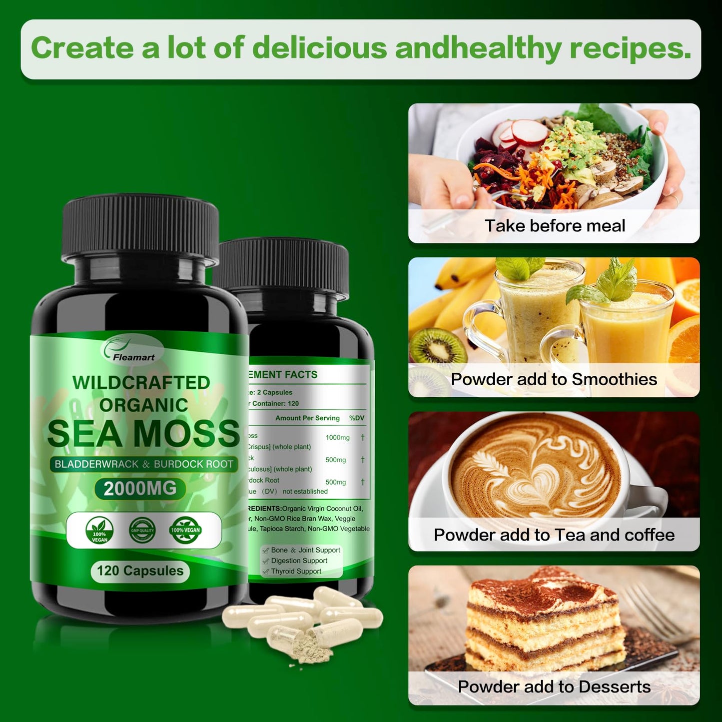 Fleamart Irish Sea Moss Capsules with Raw Sea Moss & Wildcrafted Bladderwrack & Burdock Root, 240 Capsules