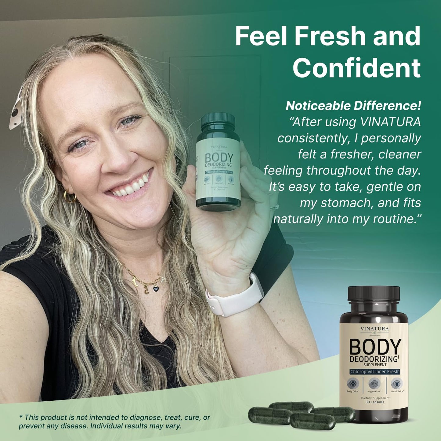 VINATURA Body Deodorizing Supplement for Women - Chlorophyll Pills for Body Odor Eliminator, Capsule, 30 Capsules
