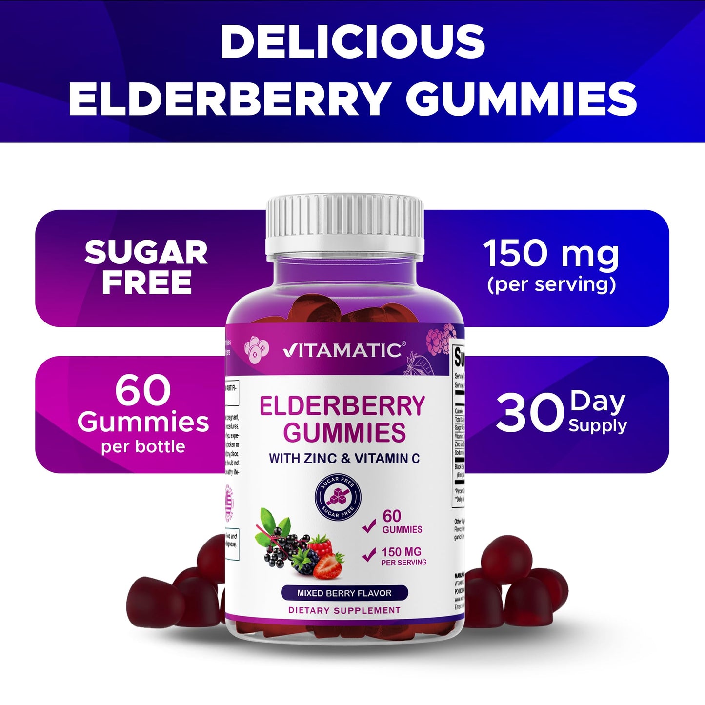 Vitamatic Elderberry Gummies with Vitamin C & Zinc – Immune Support, Gummies, 60 Count