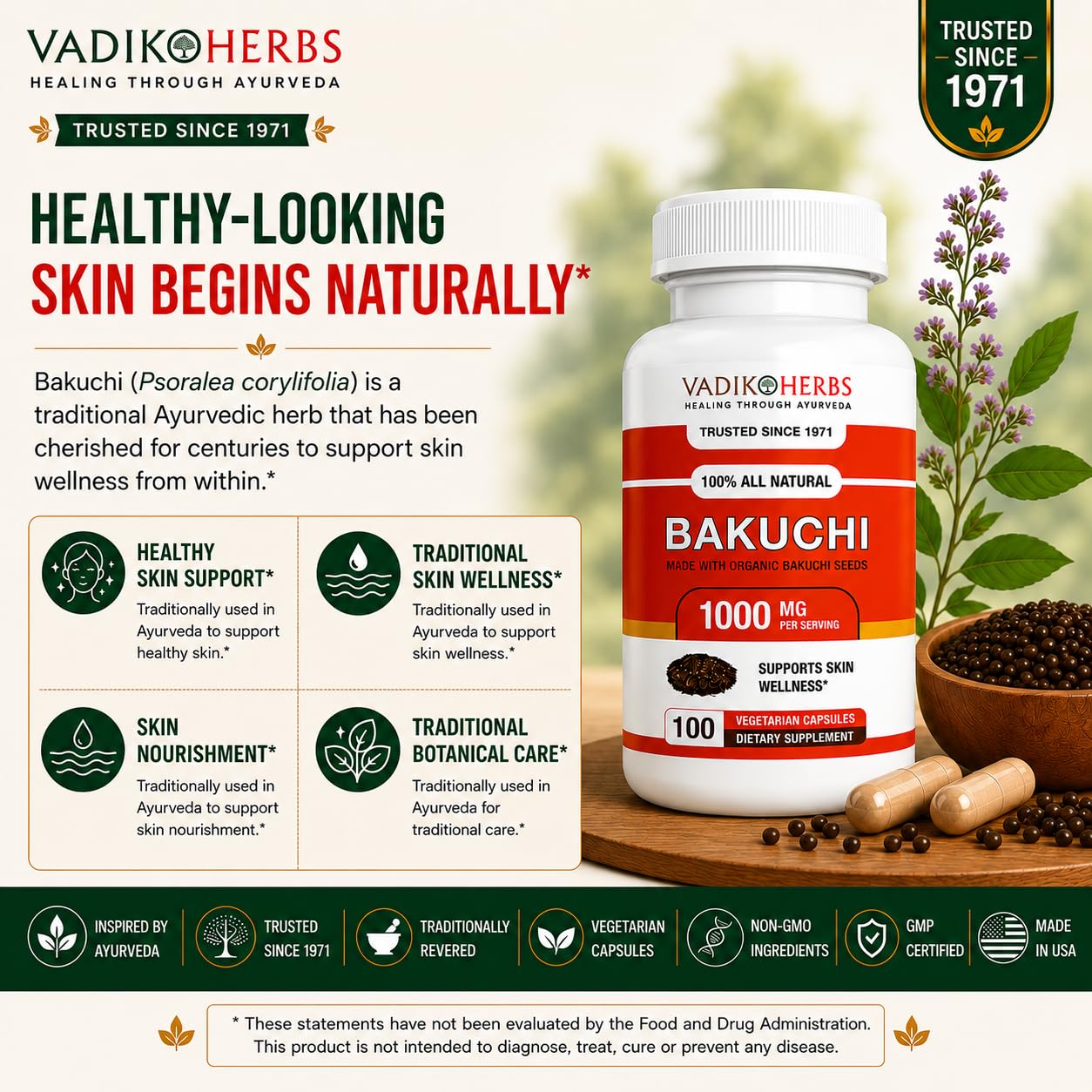 Vadik Herbs Bakuchi (Babchi, Psoralea corylifolia) Certified Organic Powder, 100 Count