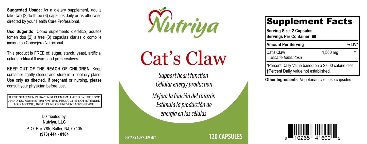 Nutriya Cat's Claw (Uña de Gato) Uncaria Tomentosa Vegetarian Capsules 120 Count
