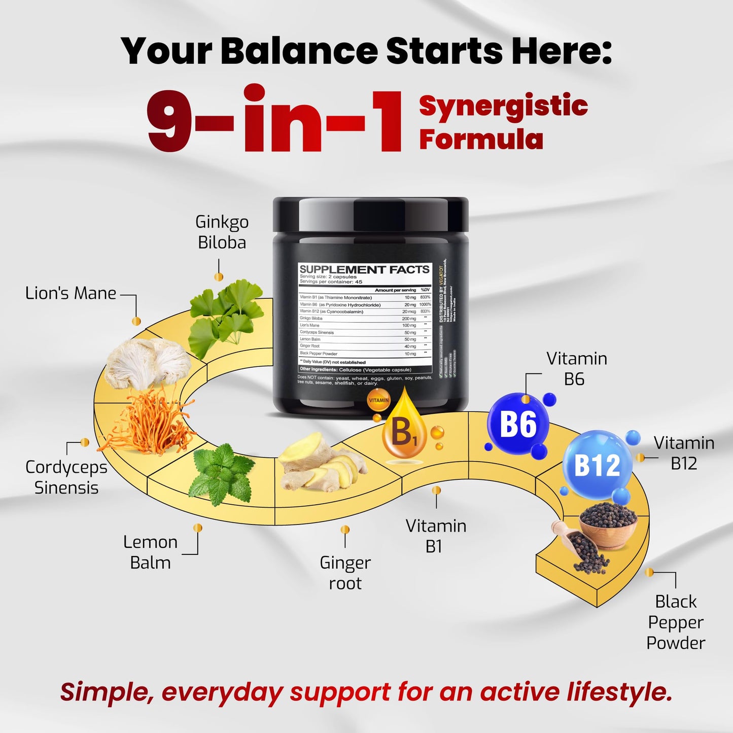 VEGATOT Inner Ear Support Supplement with Ginkgo Biloba, Lion's Mane, Lemon Balm & Ginger, Brain & Immune Wellness Formula with Vitamins B1, B6 & B12 90 Capsules