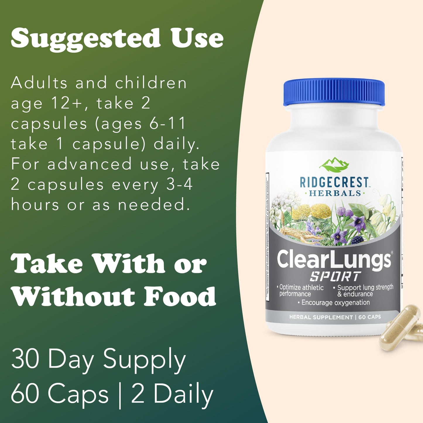 RidgeCrest Herbals ClearLungs Sport Oxygen Intake and Lung Support Formula with Cordyceps, Rhodiola, Eleuthero, 60 Capsules