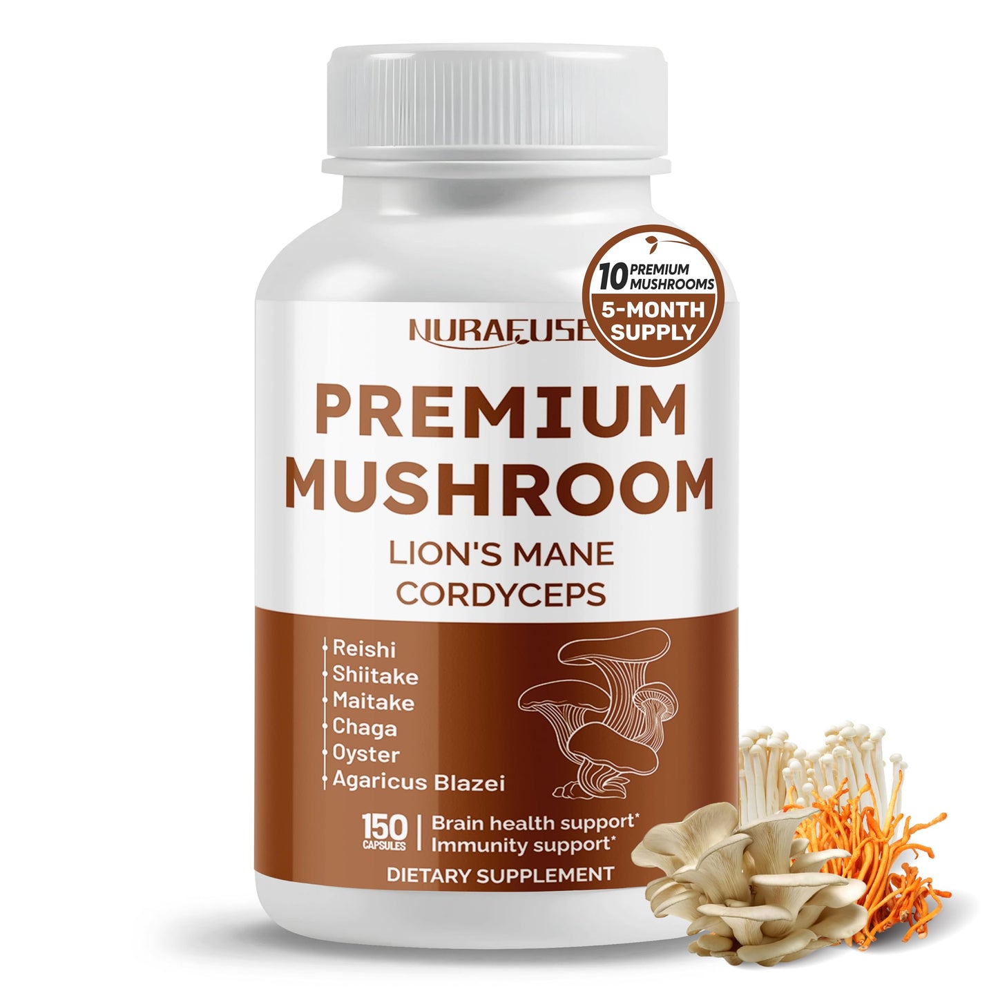 NURAFUSE Organic Mushroom 10-in-1 Formula Capsules, 150 Count