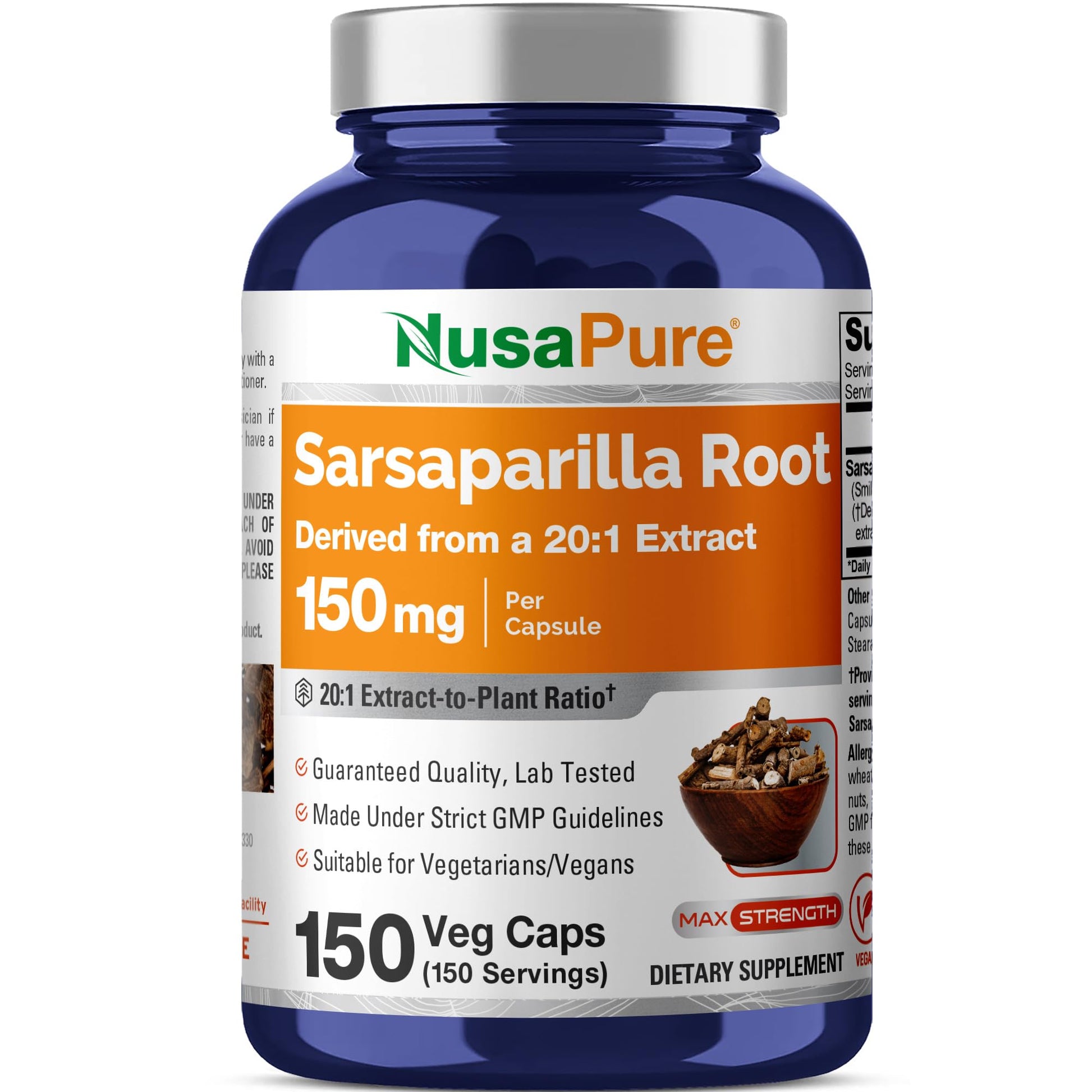 NusaPure Sarsaparilla Root Capsules, 150 Veg Capsules