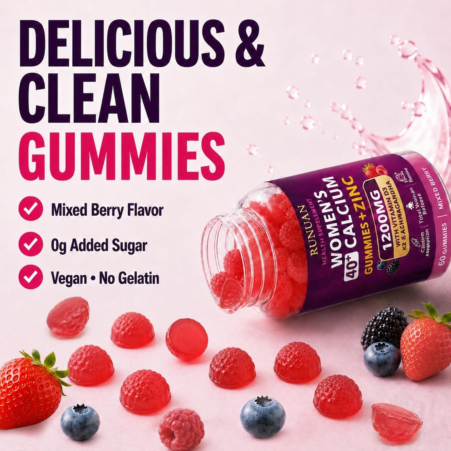 RUNUAN 40+ Women's Calcium Citrate Gummies 1200mg with Magnesium Zinc D3 K2 B12 B6, 120 Gummies