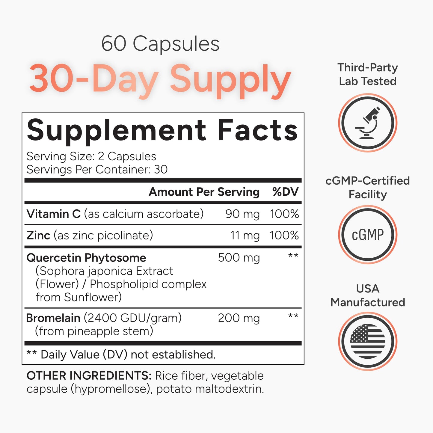 Natural Approach Quercetin Phytosome with Bromelain, Vitamin C & Zinc Capsule 60 Count