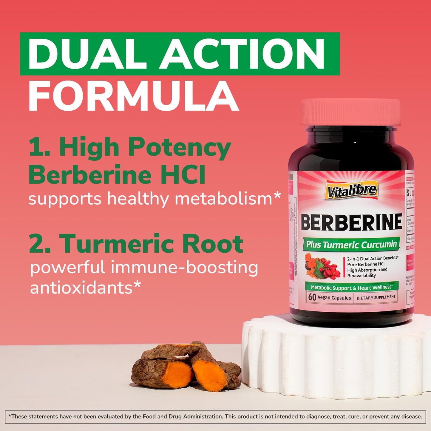 Vitalibre Berberine Supplement with Turmeric Root, 97% High Potency Berberine HCl, Capsules, 60 Count