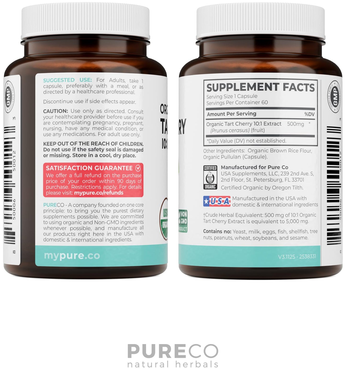 PURE CO Tart Cherry Capsules, USDA Organic, 500mg 4:1 Organic Tart Cherry Extract per Capsule, 60 Capsules