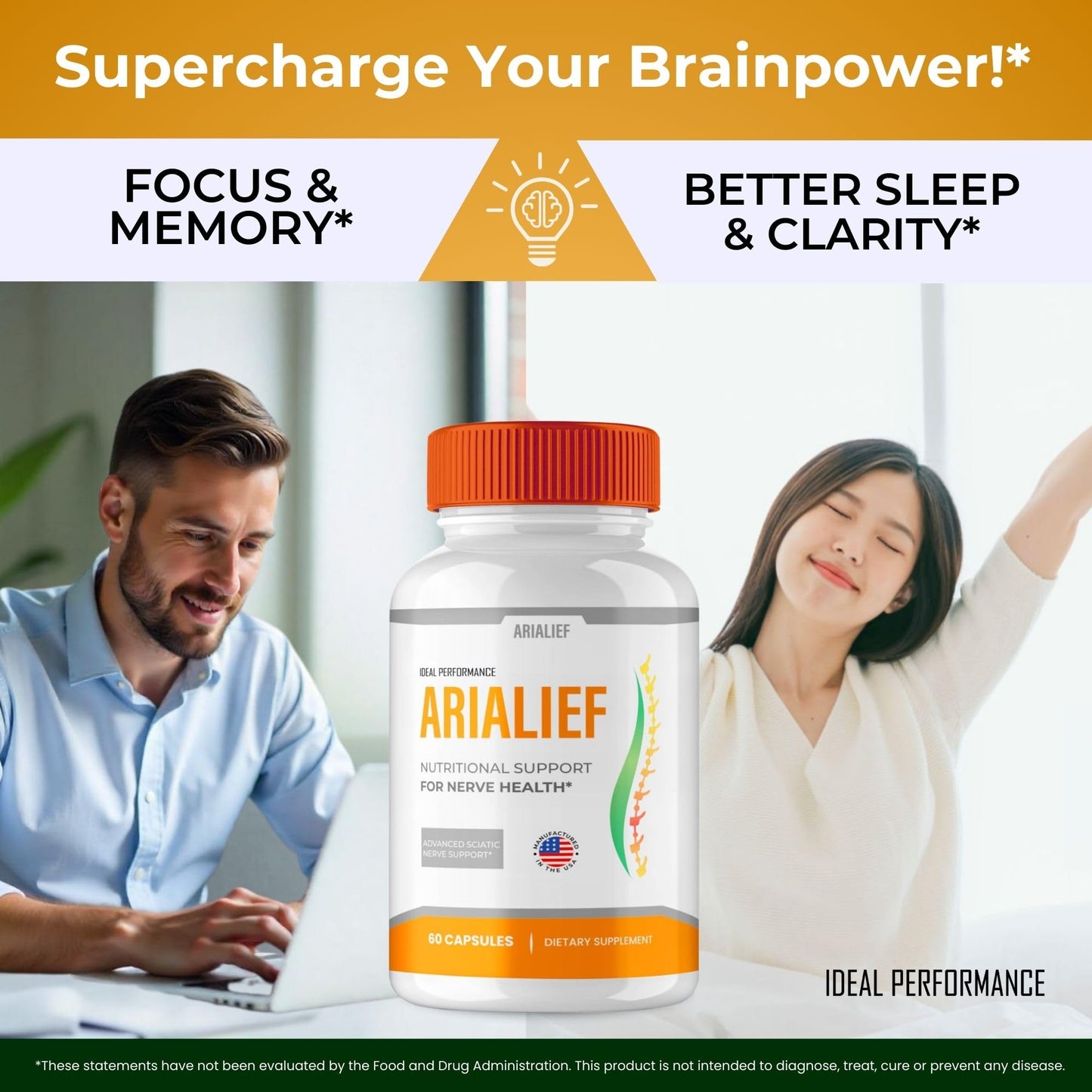 IDEAL PERFORMANCE Arialief Brain Supplements for Memory and Focus Capsules 60 Capsules