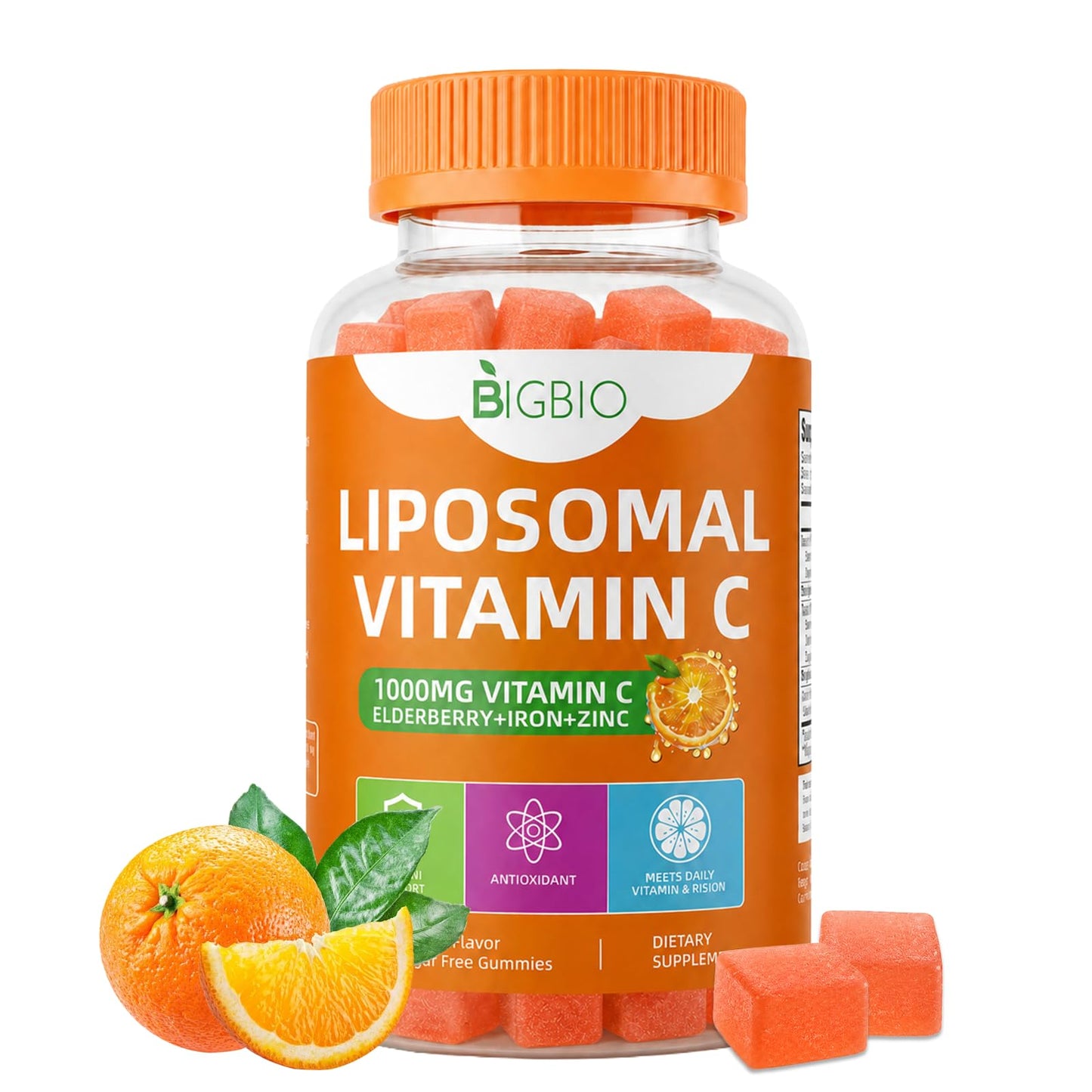 BIGBIO Liposomal Vitamin C Gummies 1000mg with Elderberry, Zinc & Iron for Immune Support, 90 Gummies