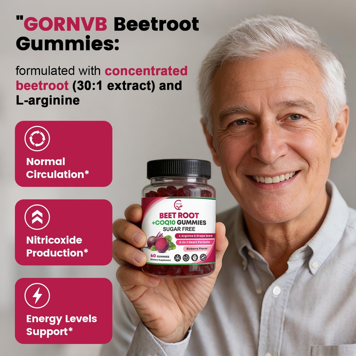 GORNVB Beet Root Gummies with CoQ10, L-Arginine & Grape Seed Extract, Nitric Oxide Booster, Vegan, Gluten Free, 60 Gummies