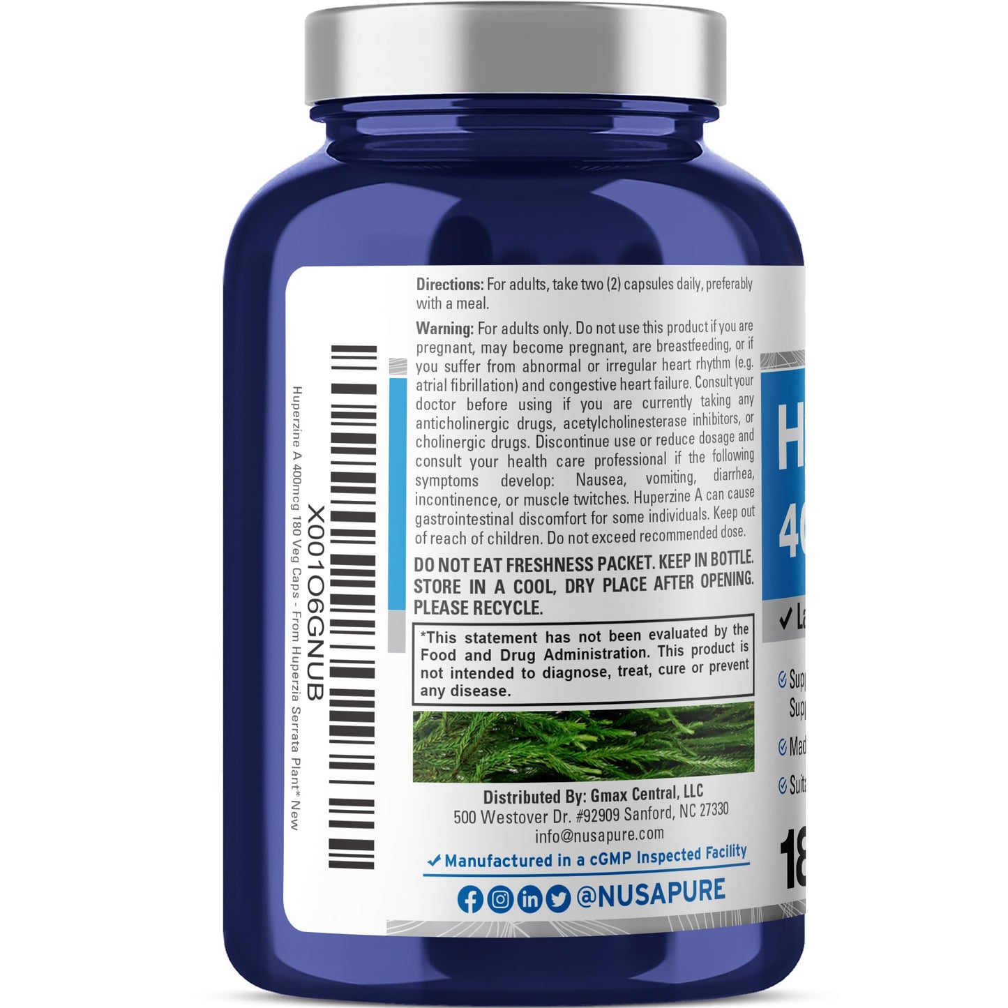 NusaPure Huperzine A 400mcg Capsules, 180 Count