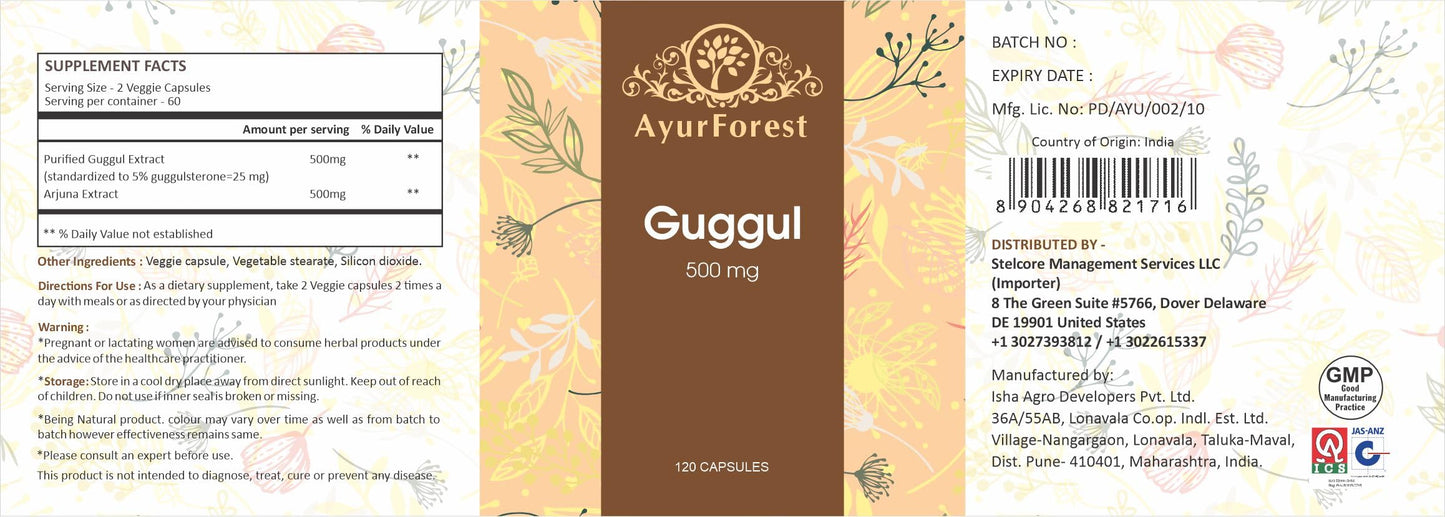 AYURFOREST Guggul Vegie Capsule with Arjuna Extract 1000 mg, 120 Capsules