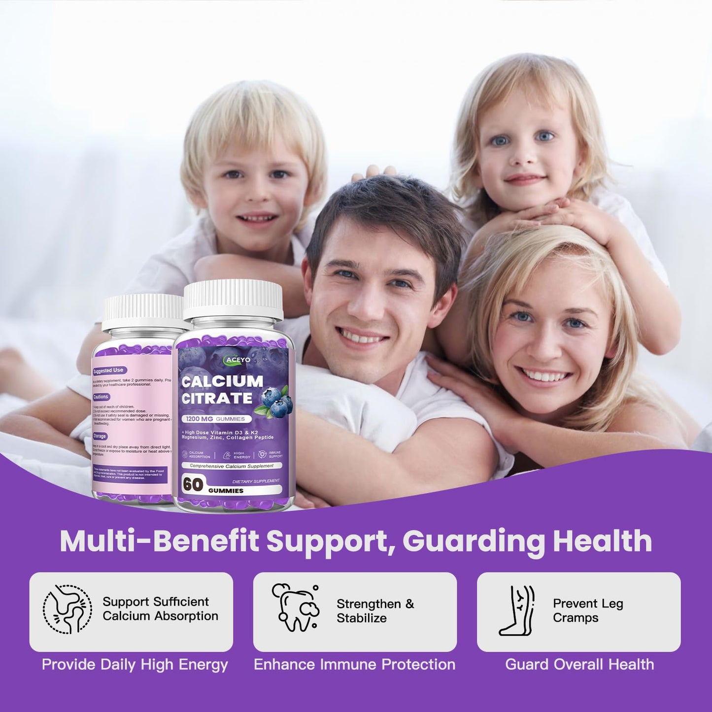 ACEYO Calcium Citrate Gummies 1200mg with Vitamin D3, K2, Magnesium & Zinc, Sugar-Free Blueberry Flavor, 60 Count
