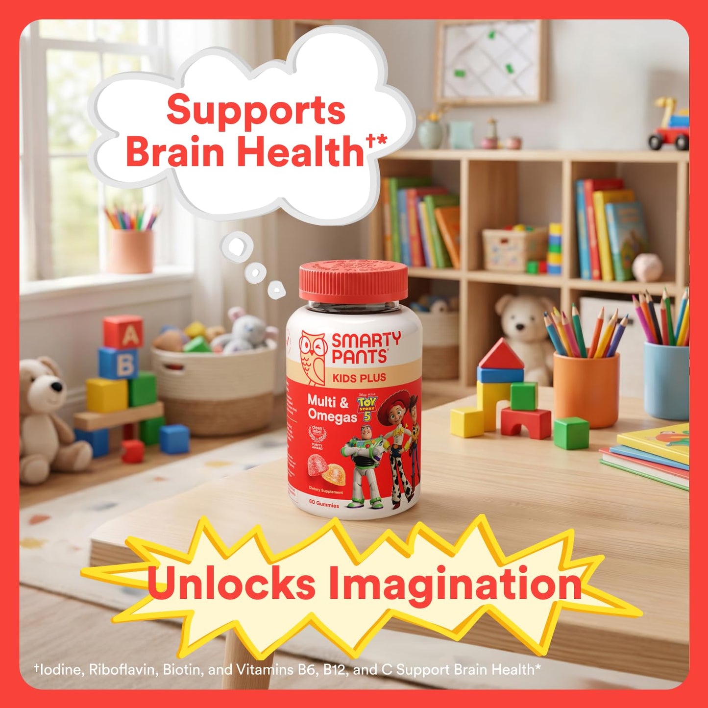 SmartyPants Toy Story 5 by Disney Pixar Kids Multivitamin Gummies, Omega 3 DHA EPA, Vitamin D, C, B12, E, Zinc and Iodine, Clean Label, Gluten Free, Mixed Fruit Flavors, 30 Day Supply, 60 Gummies