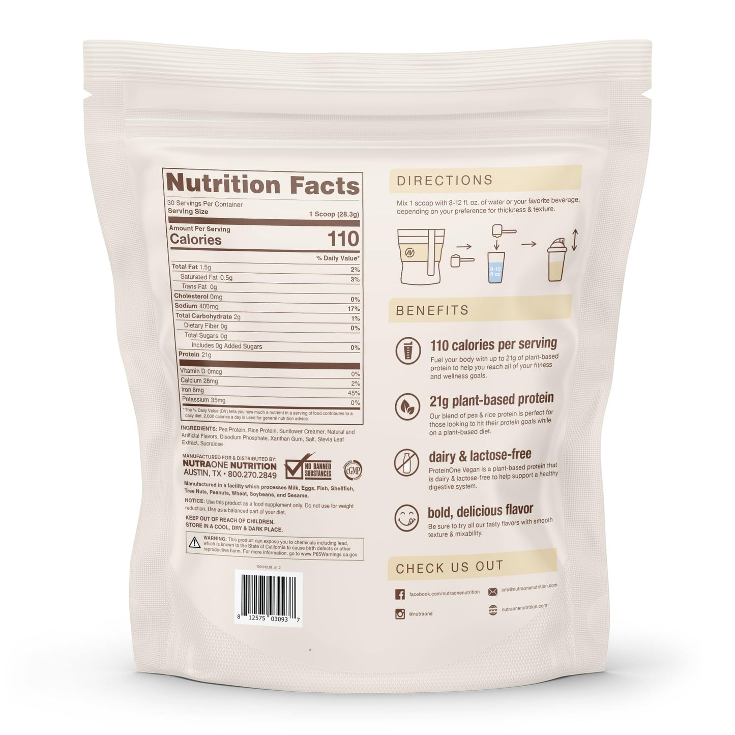 NutraOne ProteinOne Vegan Plant-Based Protein Powder 30.9 Servings