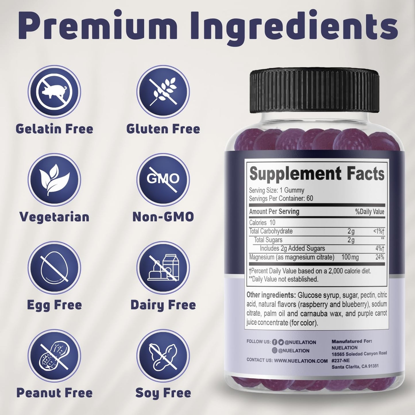 NUELATION Magnesium Citrate Gummies 100mg for Adults - 60 Gummies