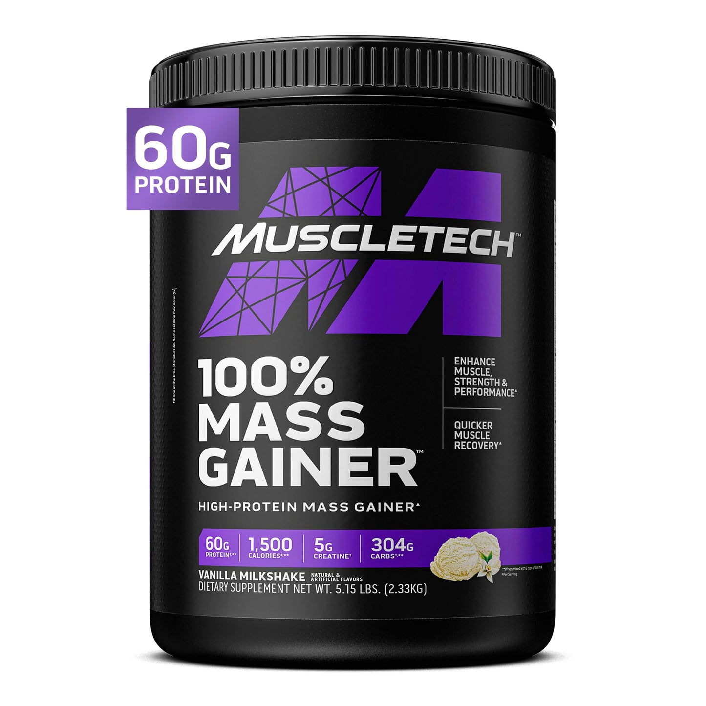 MuscleTech High Protein Mass Gainer for Men & Women - Clean Protein Powder Shakes for Weight Gain, Muscle Building & Recovery with Creatine Monohydrate - Vanilla Milkshake, 5.15 Pound, 82.4