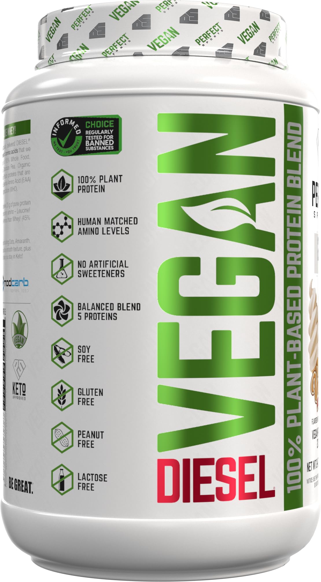PERFECT SPORTS Vegan Diesel 100% Plant Based Protein Powder, 24 Servings, 1.5 Pounds