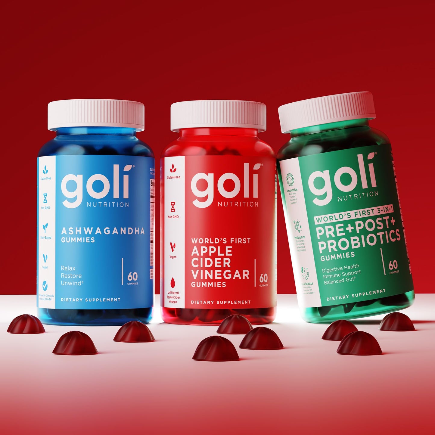 Goli Power Wellness Trio for Stress, Gut & Immune - World's First 3-in-1 Pre, Post, Probiotic, Apple Cider Vinegar & Vitamin B12, Ashwagandha & Vitamin D Gummies, 60 Gummies