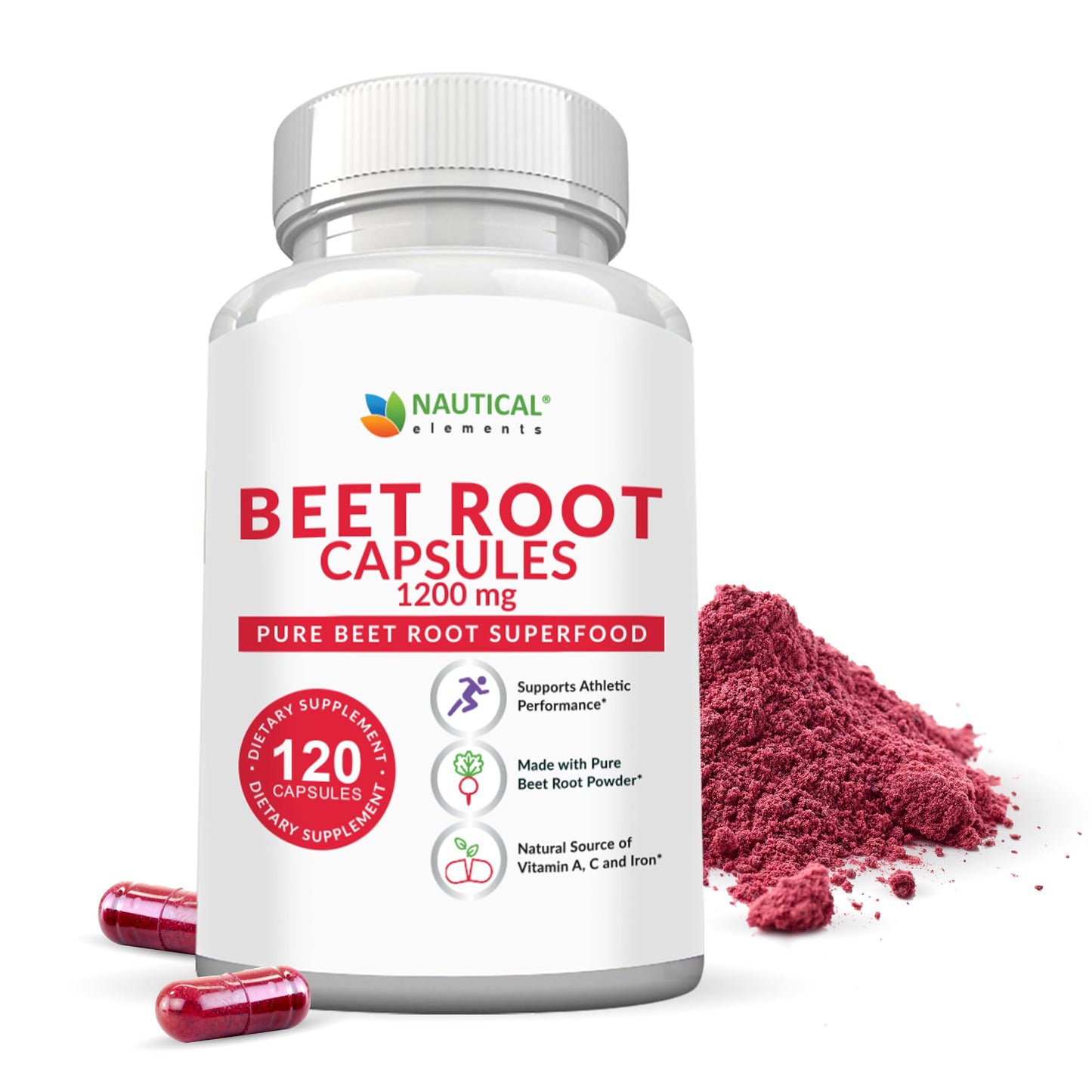 Nautical Elements Beet Root Capsules 1200mg Per Serving, 120 Count