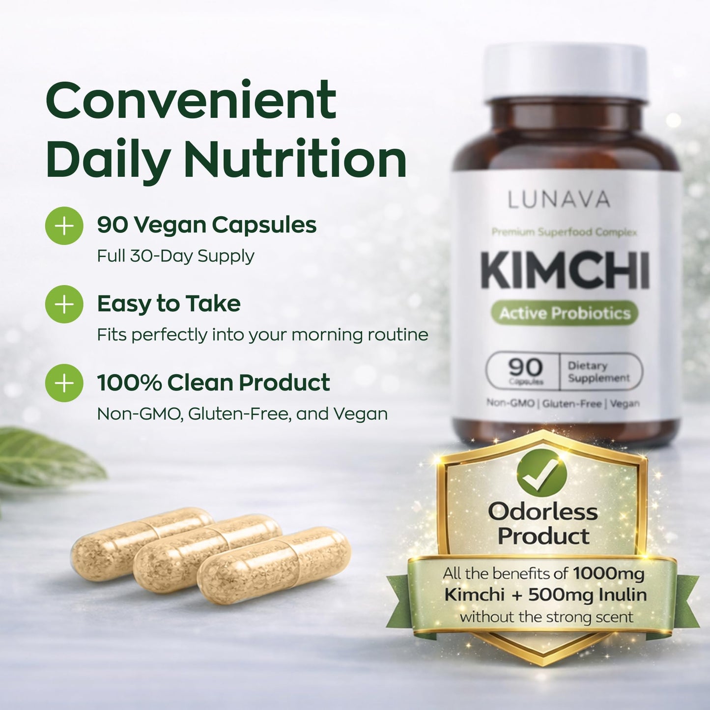 LUNAVA Kimchi Capsules with Prebiotics & Probiotics, Fermented Kimchi Superfood for Digestive & Immune Support, 90 Capsules