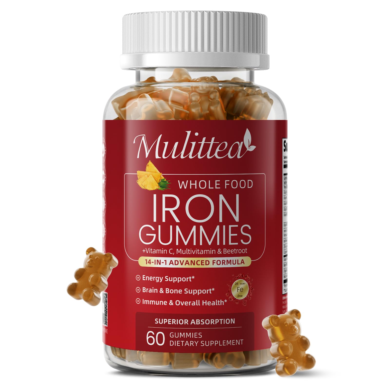 Mulittea Iron Gummies for Women, 4-Source Iron Supplement with Vitamin C, Folate Gummy 60